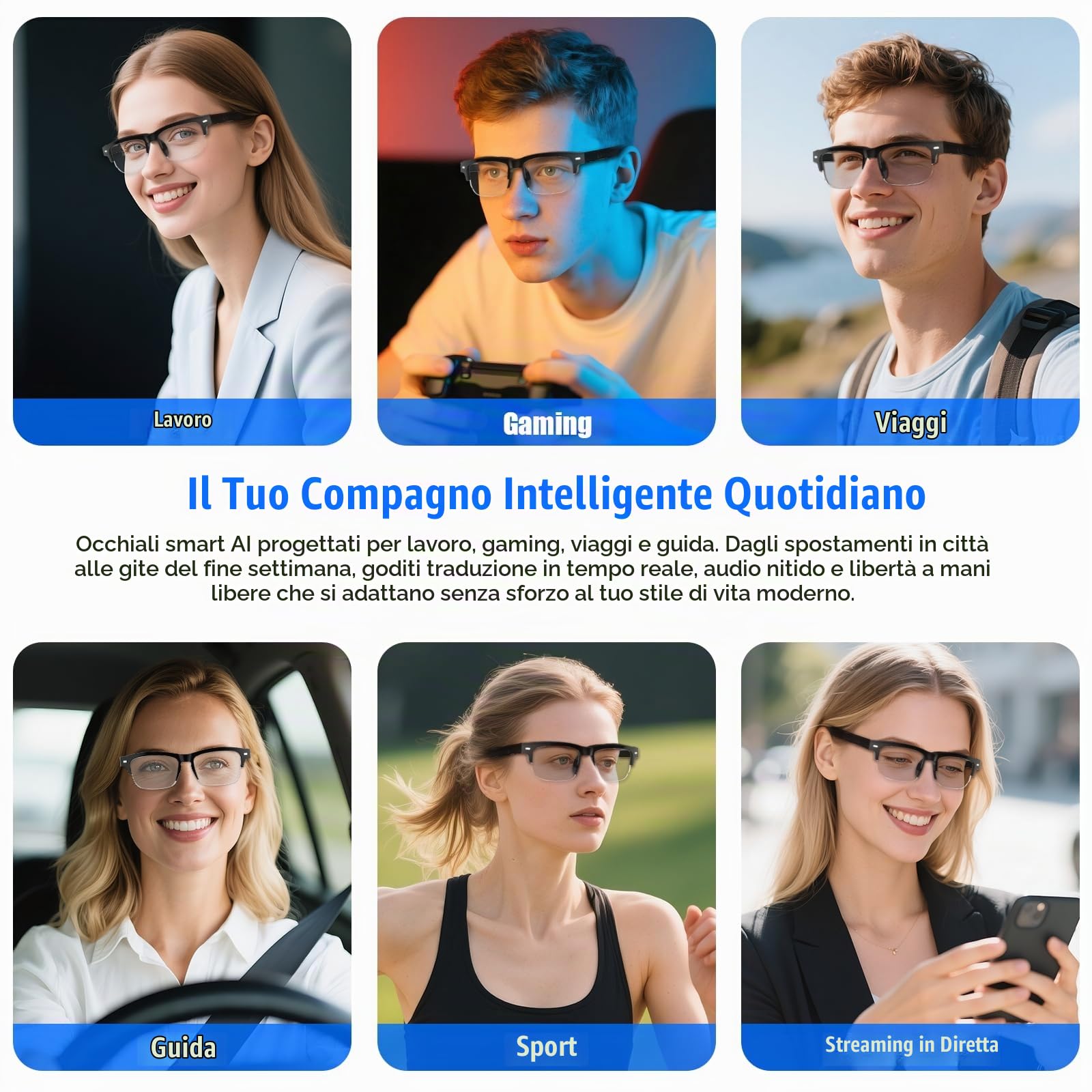 Occhiali Intelligenti IA, Occhiali di Traduzione Bluetooth con 164 Lingue, Lenti Fotocromatiche, Design Semi-Montatura, Applicazione Gratuita, Occhiali Bluetooth per Lavoro, Viaggi e Passeggiate