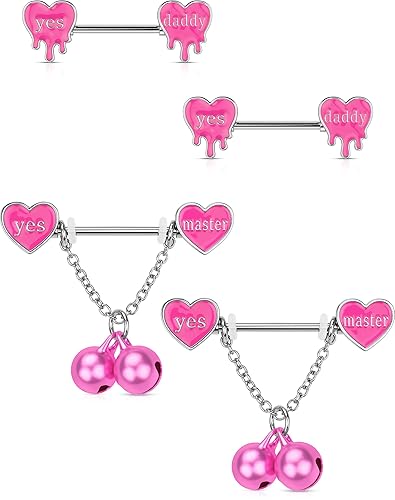 OUFER 4PCS Nipple Piercing Jewelry, 14G Pink Bell&Chain Nipple Rings Surgical Steel, Melting Heart 14MM Nipple Barbells, Nipple Piercing Kit For Women - Bell&Chain