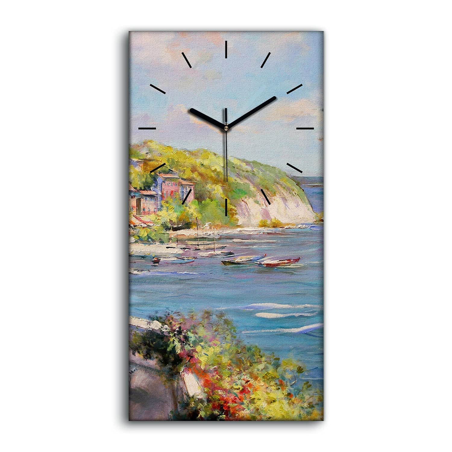 Horloge sur Toile Art Moderne Paysage de Mer avec Châssis Robuste et Aiguilles Noires