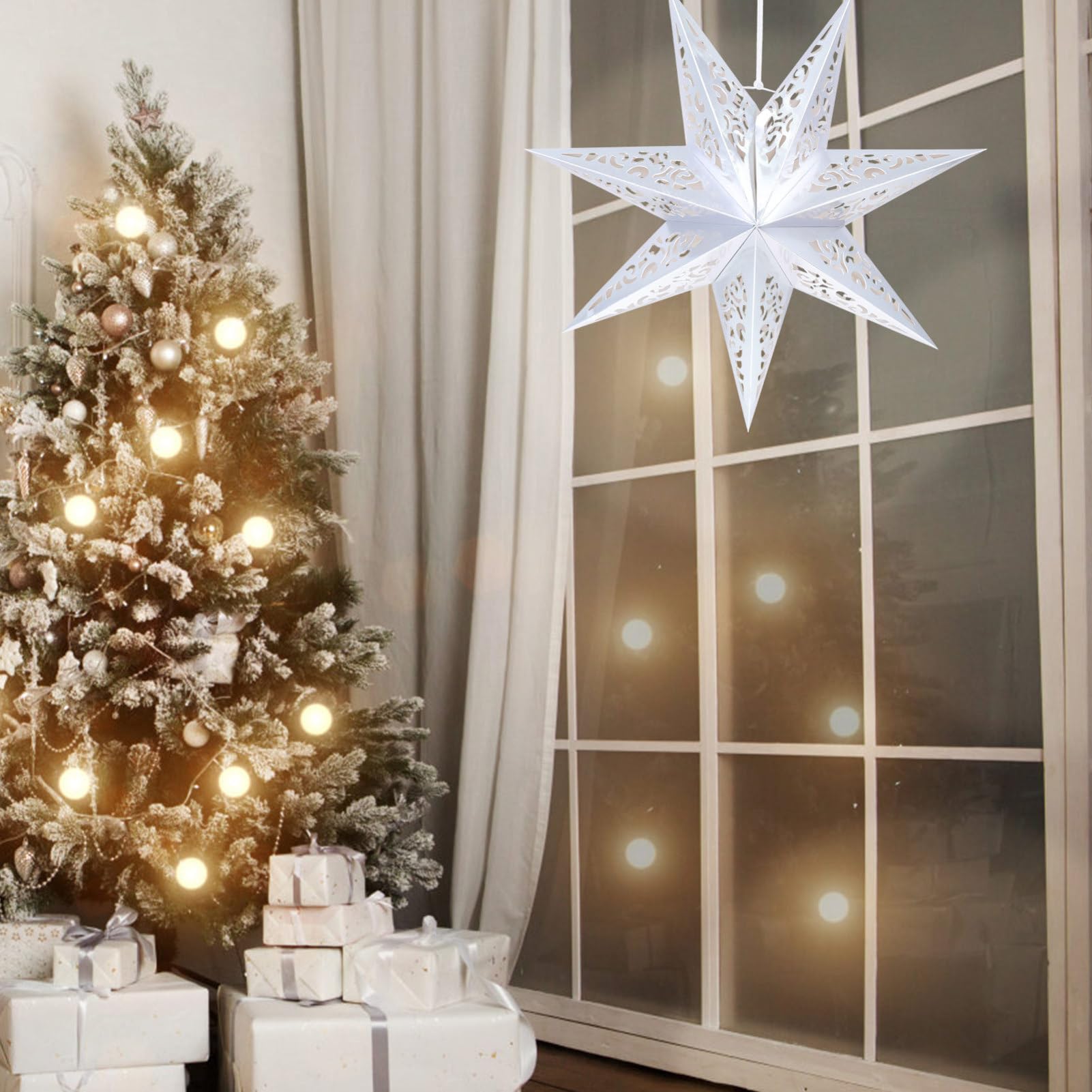 LIOOBO 7 Point Paper Stars Lantern: 2Pcs Hollow Lampshade, Christmas Atmosphere Lampshade, Star Lamp Shade