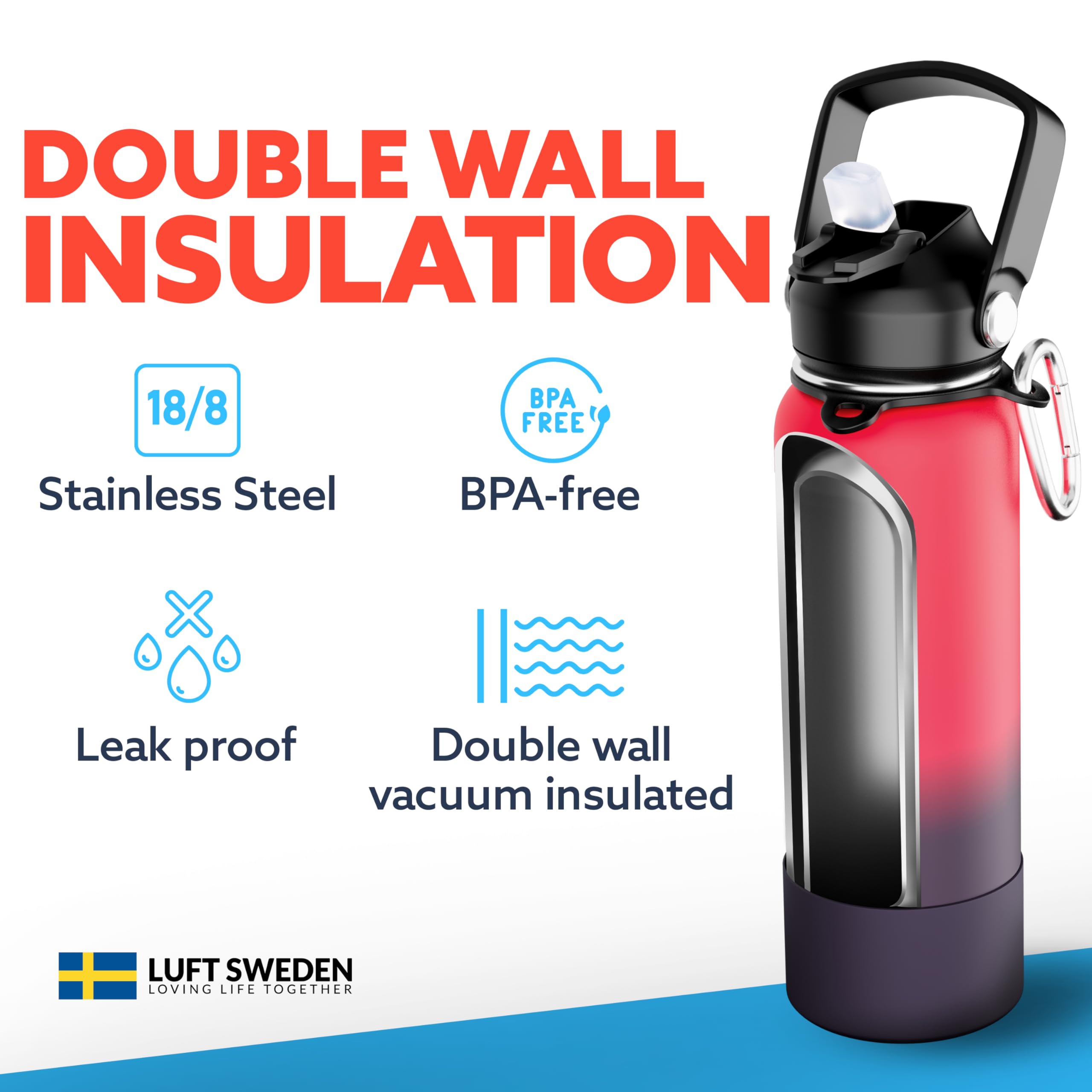 Luft Sweden Borraccia termica in acciaio inox di alta qualità, da 1,18 ml, con cannuccia, riutilizzabile, da palestra, per bevande fredde, 40 ml, colore: rosso e viola