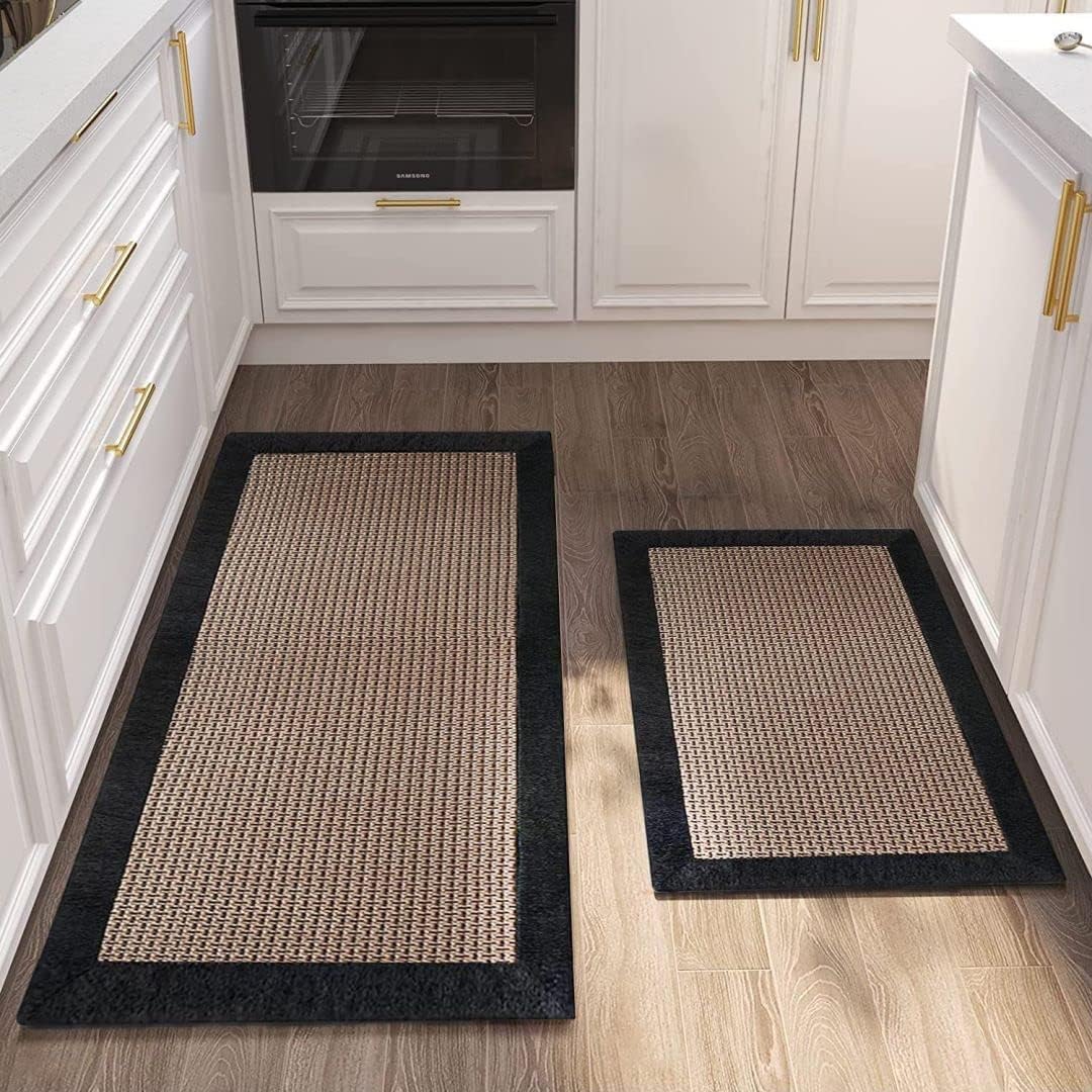Tapis Cuisine Devant Evier, Tapis de Cuisine Lavable Antidérapant, Tapis Couloir en Coton et Lin Tissé, Tapis de Sol pour la Cuisine, Le Salon, Le Bureau (Noir, 50x120cm)