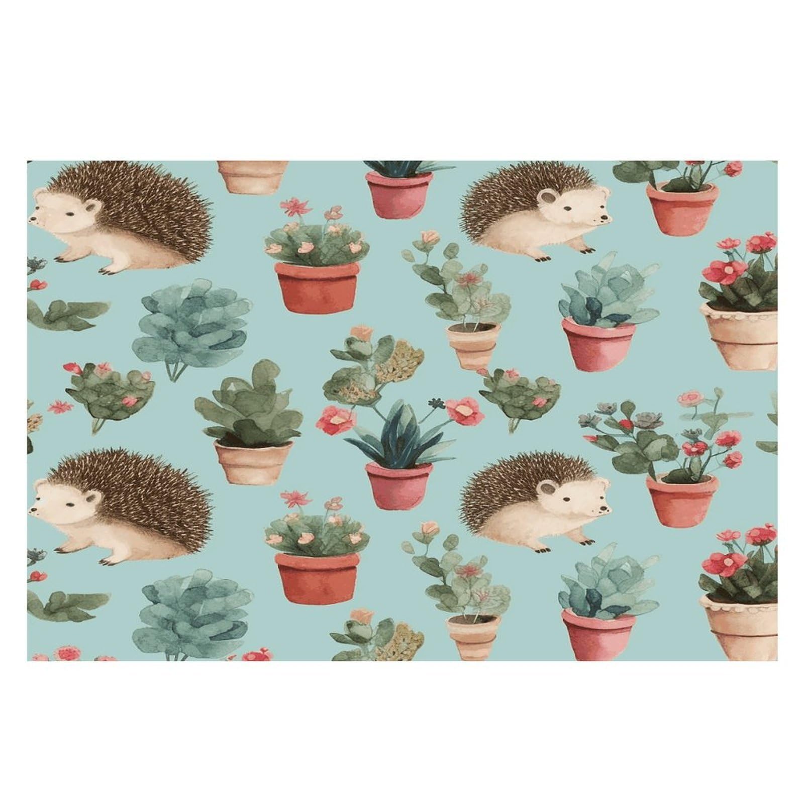 Hedgehog Potted Flower Placemats Wipeable Heat Resistant Table Mats Washable Flax Place Mats Elegant Cloth Non-Slip Placemat for Kitchen Dinning Party Table Decor 12 * 18 in