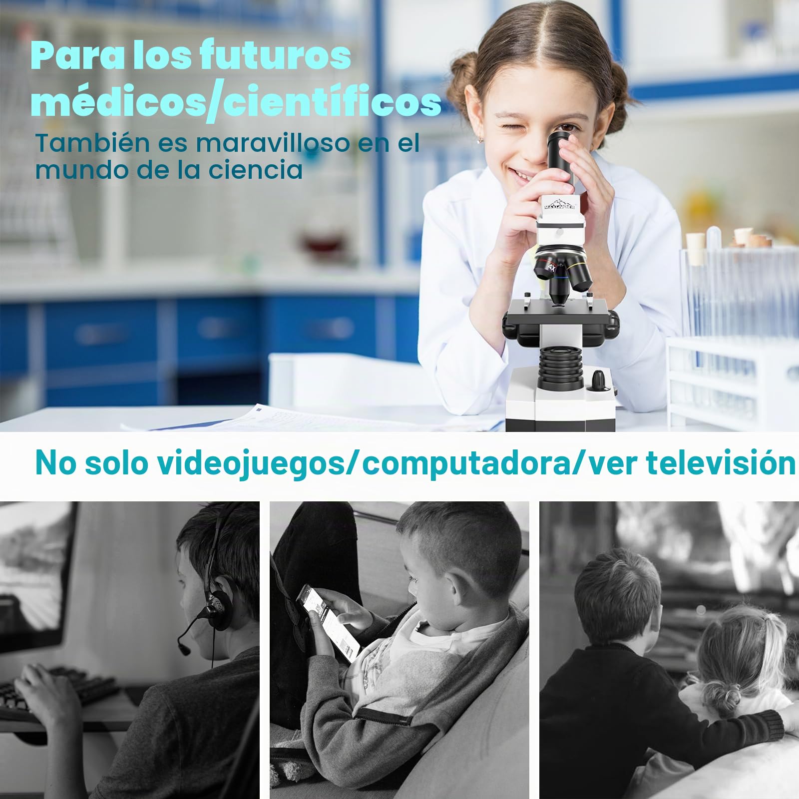 Microscopio Monocular para Estudiantes Niños, Aumento de 100-2000x, Potente Microscopios Biológico Educativo con Adaptador teléfono, Muestras Biológicas, operación Equipo