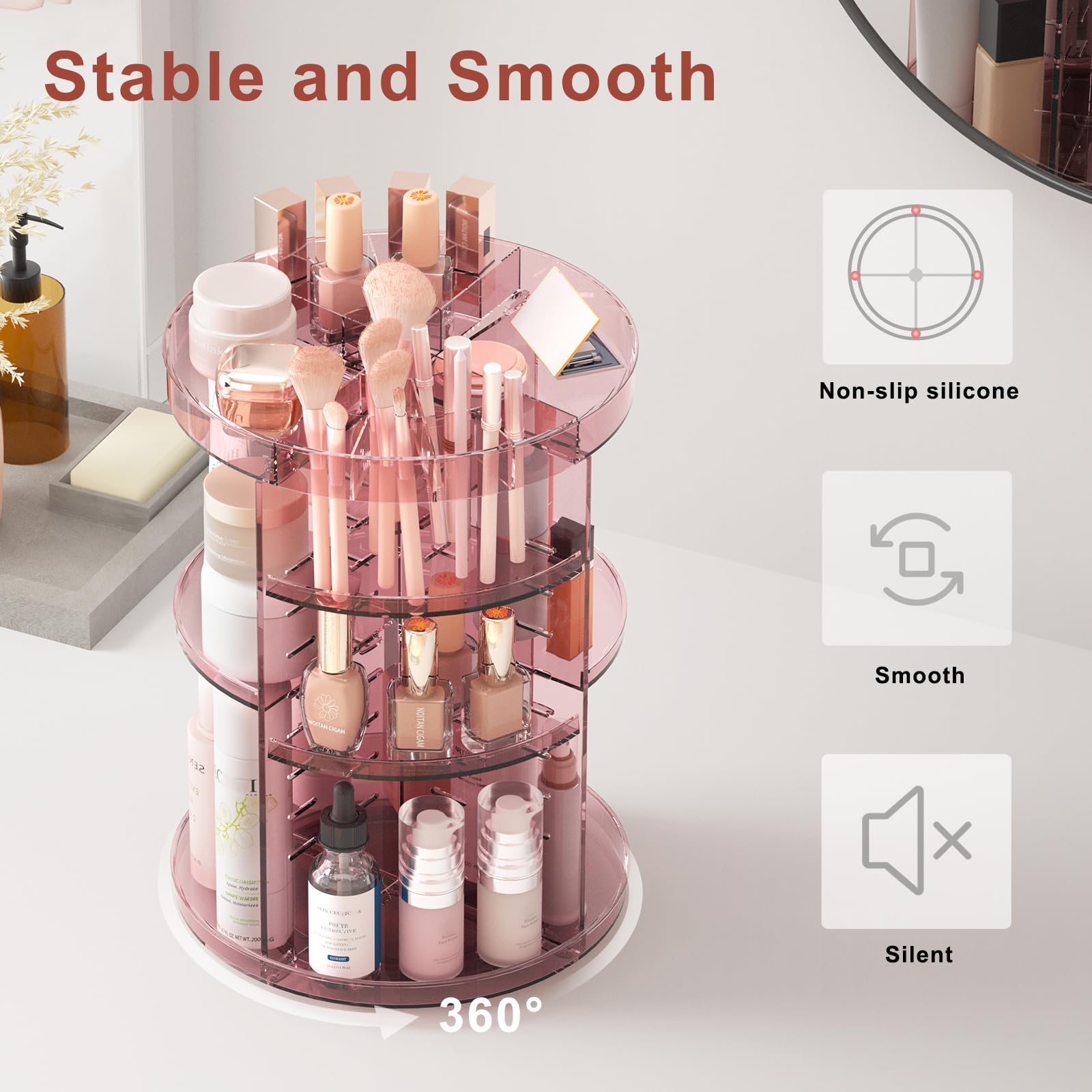 Jiavarry Organizer rotante per trucchi a 360 gradi con slot per rossetto, 8 strati regolabili, organizer per la cura della pelle, grande capacità, mensola per cosmetici per piano di lavoro del bagno