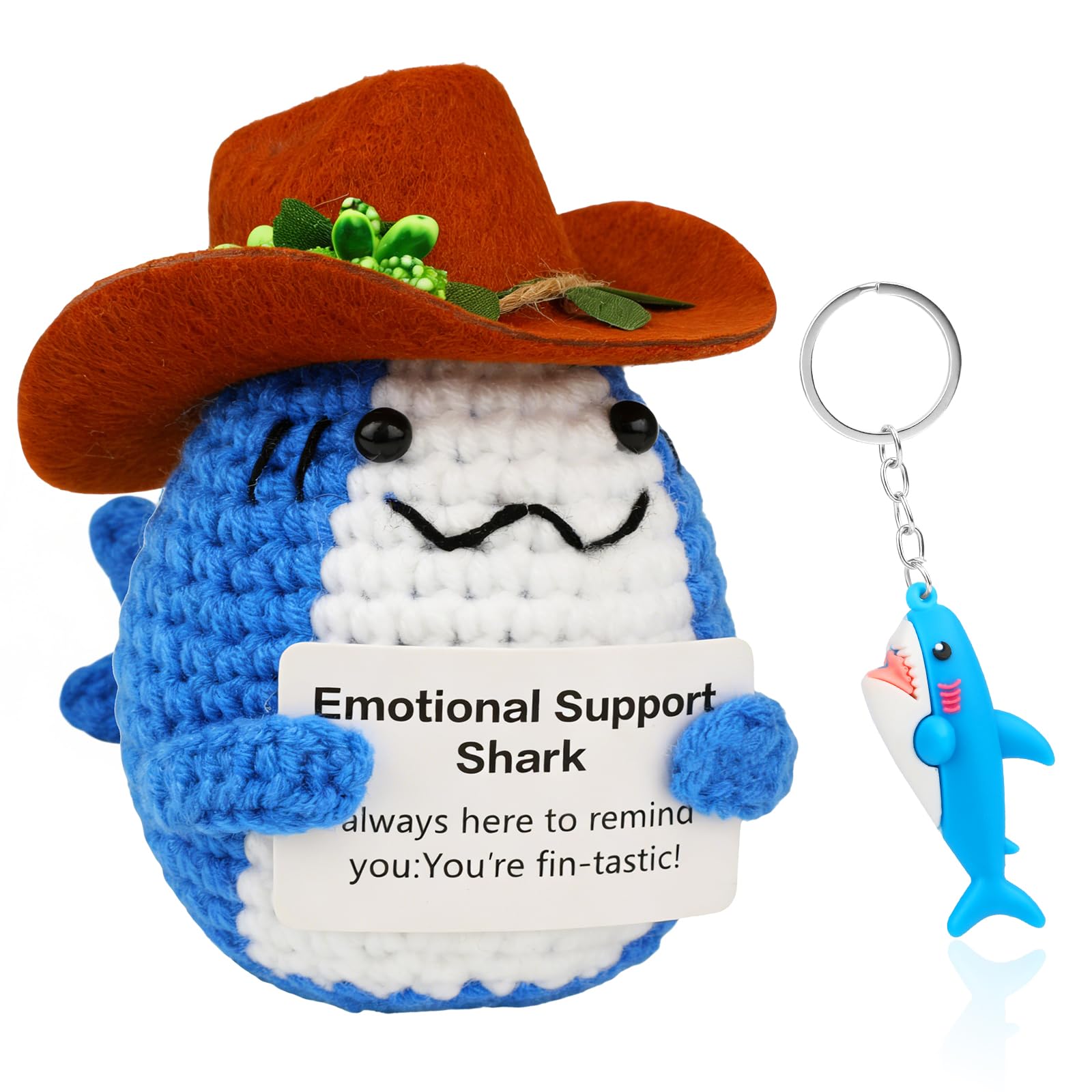 Vspek Positive Crochet Animals, Cowboy Hat Shark Handmade Knitted Doll with Positive Card, Blue Shark Charm Keychain, Emotion Support Gift for Women, Men, Friends, Coworker, Home Office Desk Decor — image 1