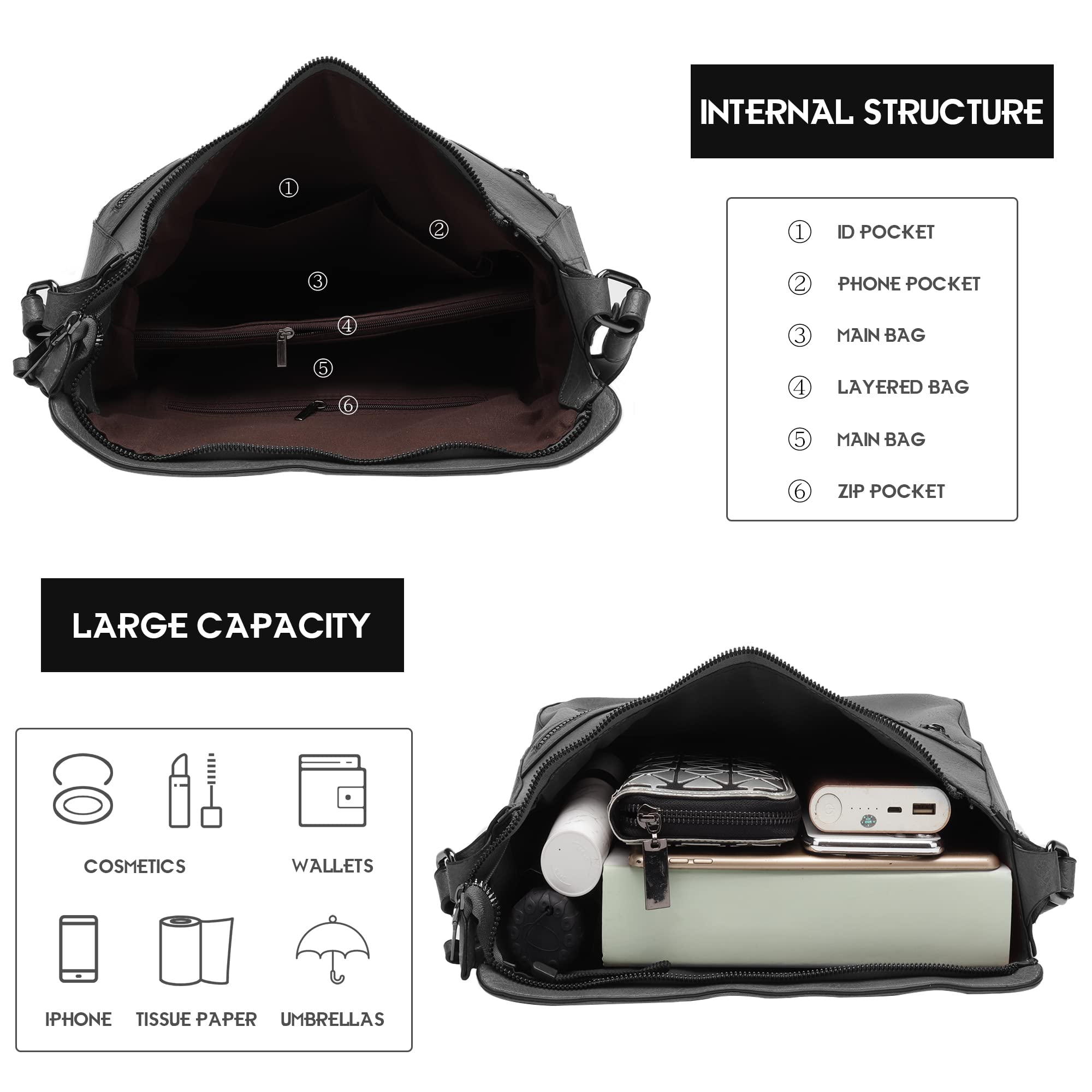 Lifetooler Set Borse Donna Ecopelle Grande Borsa Tracolla Borsetta e Portafoglio Hobo Tote Shopping Bag Borsa Ufficio Donna
