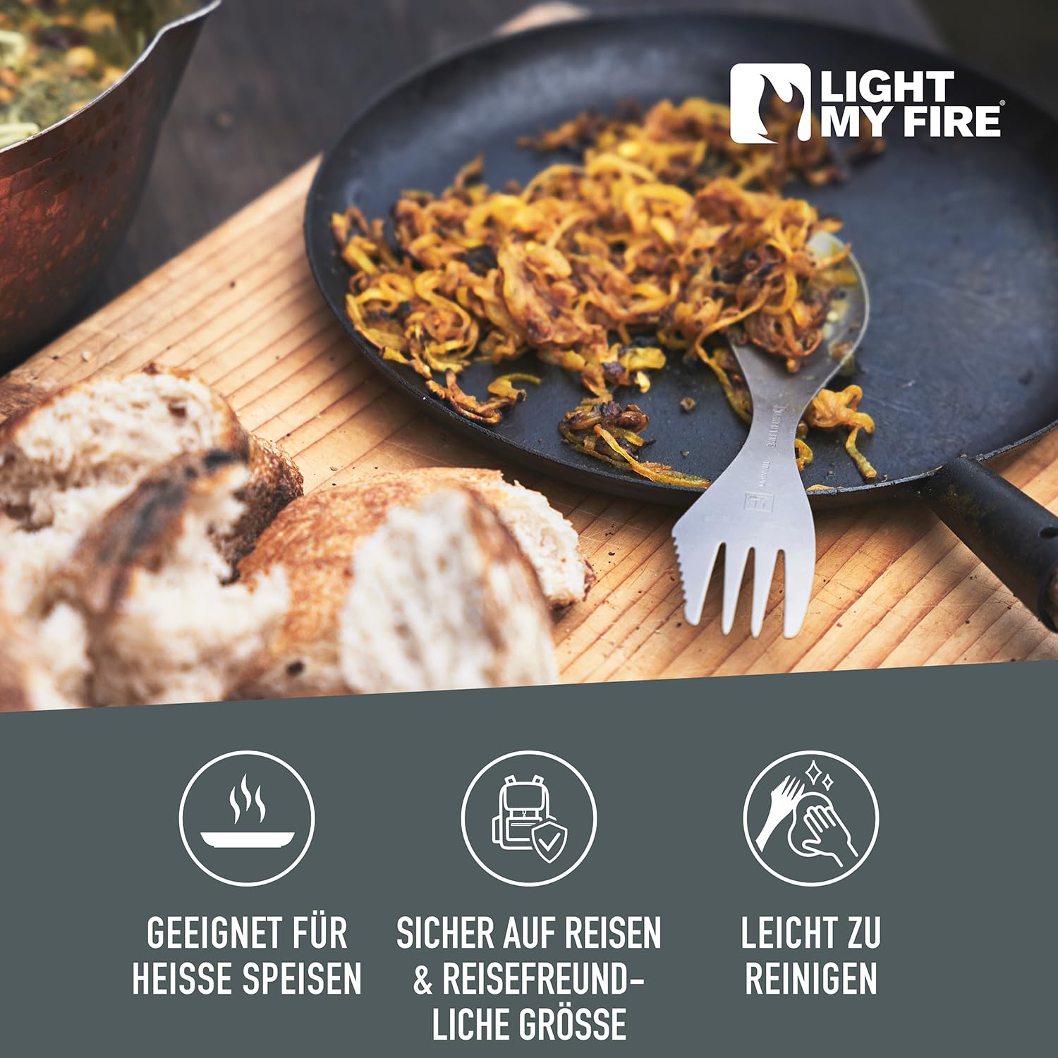 Light My Fire Göffel Titan Spork, ultraleichtes Titan Besteck, 3-in-1 Campingbesteck mit Löffel Gabel Messer, Outdoor Besteck für unterwegs, Löffel To Go - Robustes Reisebesteck aus Schweden