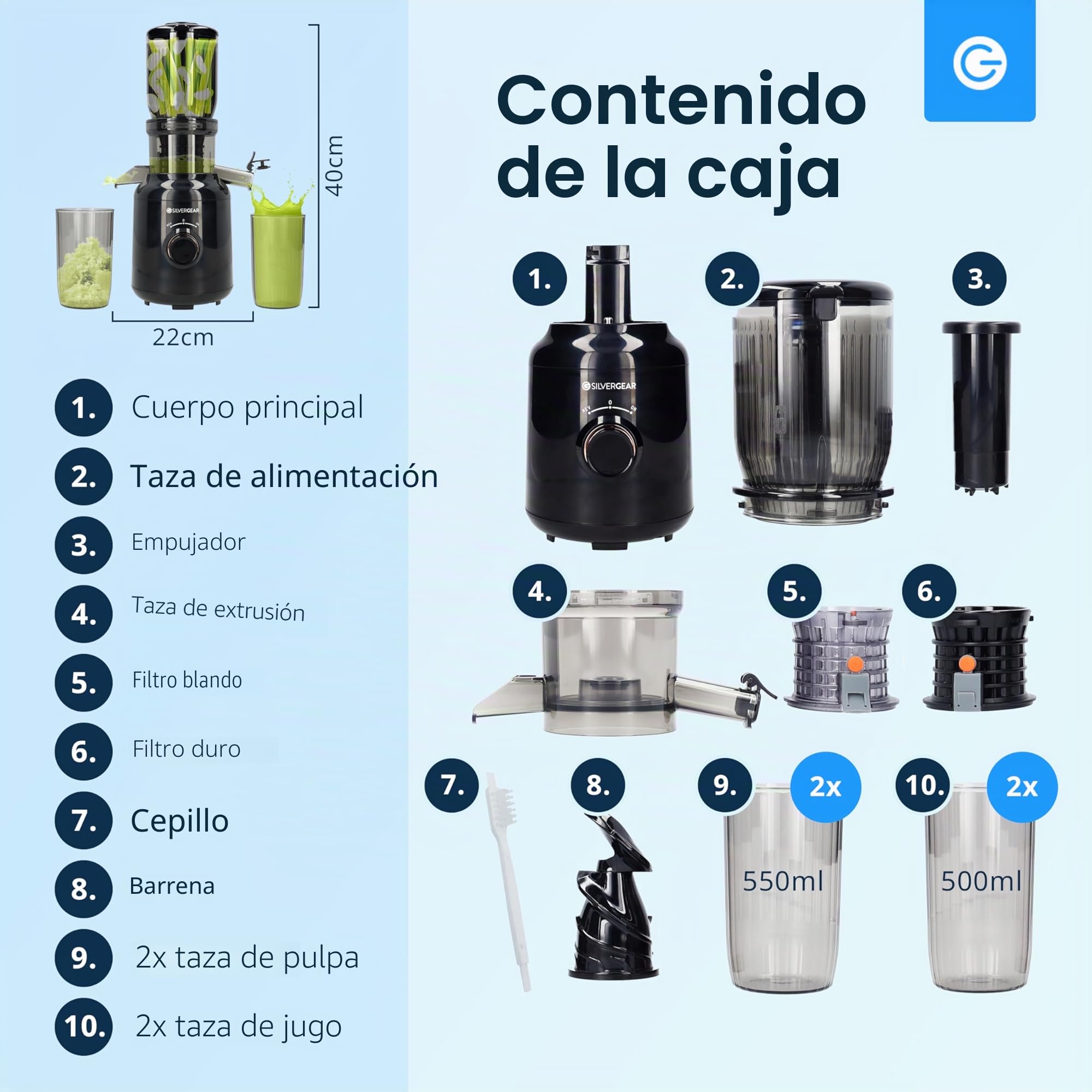 Silvergear® Licuadora | Extractor de Zumos y Verduras | Slowjuicer 250 W | Extractor 103 mm Apertura | Slowjuicer Potente Motor a 60 rpm | 2x Envases de 450 ml | Negro