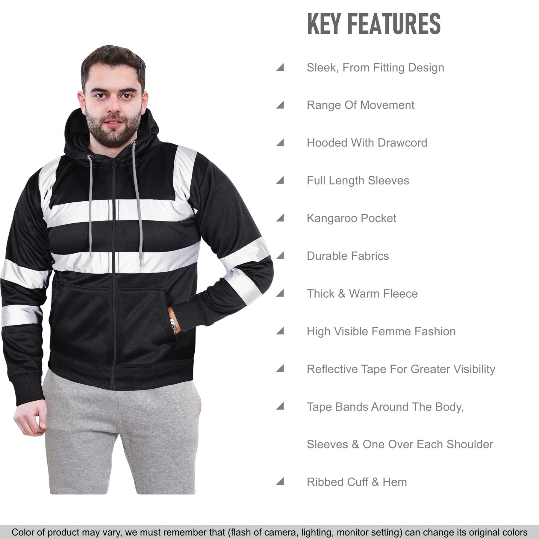 A2Z Haut Visibilité Sûr Travailler Encapuchonné Fermeture Éclair Deux Ton Réfléchissant Ruban Le Pull Sweat-Shirt - Hi Vis Zipper Black M
