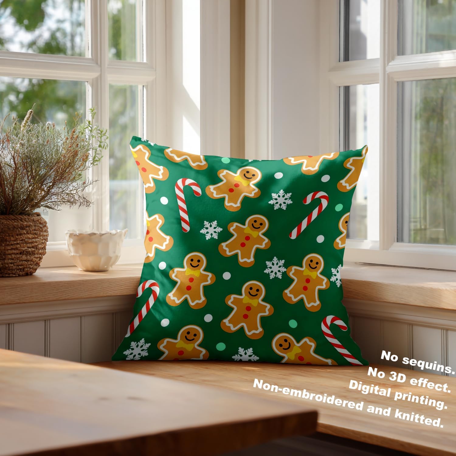 Batmerry Christmas Cute Gingerbread Throw Pillow Covers,Gingerbread Candy Canes On Dark Decorative Pillow Covers Digital Printing Blended Fabric for Couch Sofa Bed Invisible Zipper 20X20 in