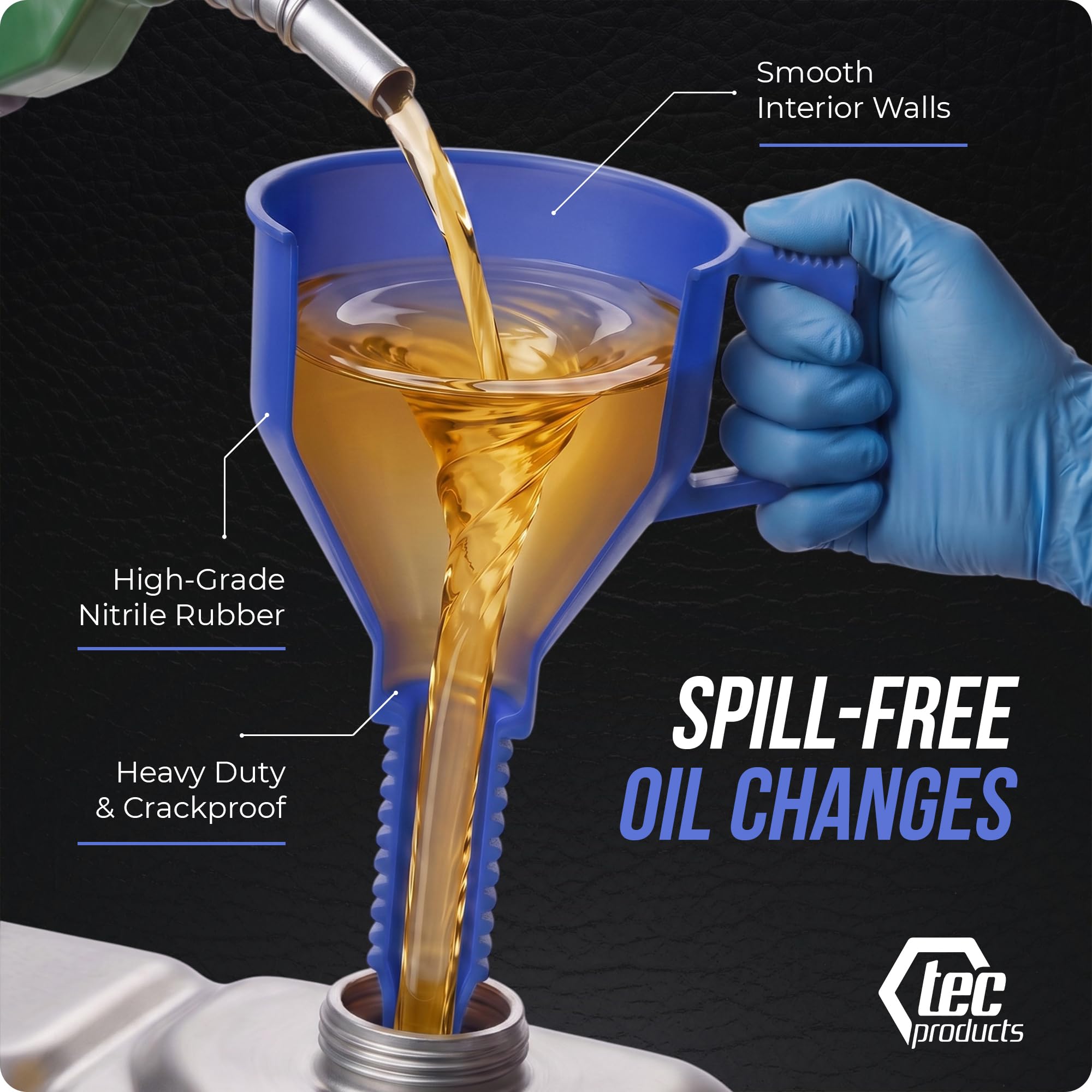 TEC Products FlexAll Embudos largos y flexibles, embudo de aceite automotriz con manguera, goma de nitrilo duradera para cambio de aceite, líquido de transmisión, diésel, combustible, gas, fabricado