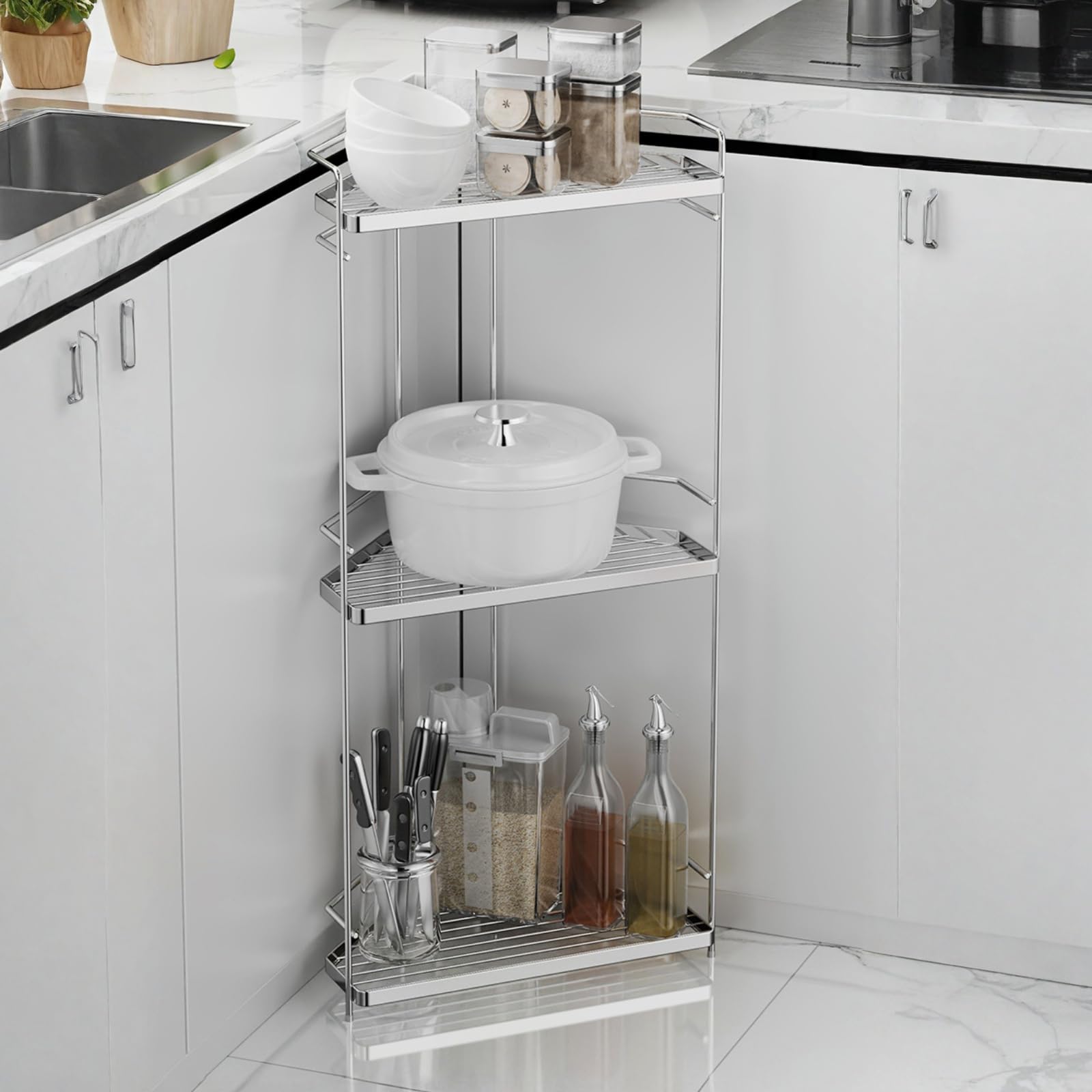 Estante De Ducha Sin Taladrar, Estante De Ducha De Esquina De Pie, Organizador Baño, Soporte Shampoo Chuveiro Acero Inoxidable, Doble Función (de Pie Y De Pared), Para Bañera Baño Y Coci(Size:3 Tiers)