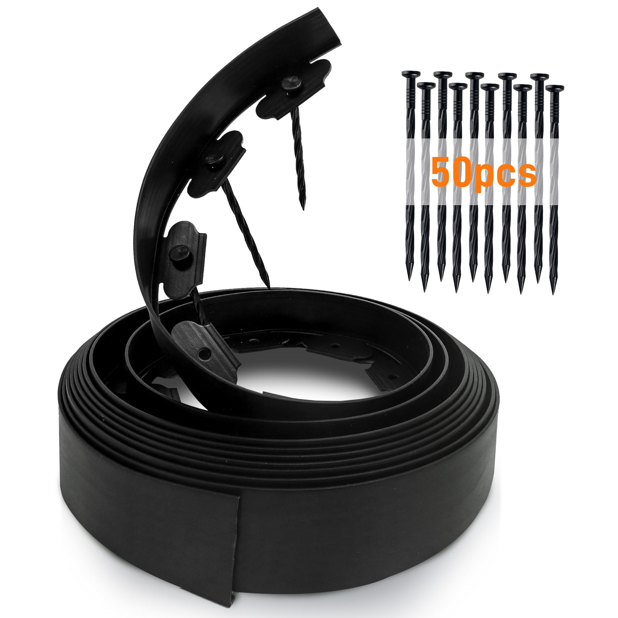 Bordo da Giardino 10m, Bordo Prato Flessibile con 50 Picchetti, Altezza 10 cm, Bordo Giardino in Plastica per Delimitazione Aiuole, Viali Giardino e Alberi, Nero