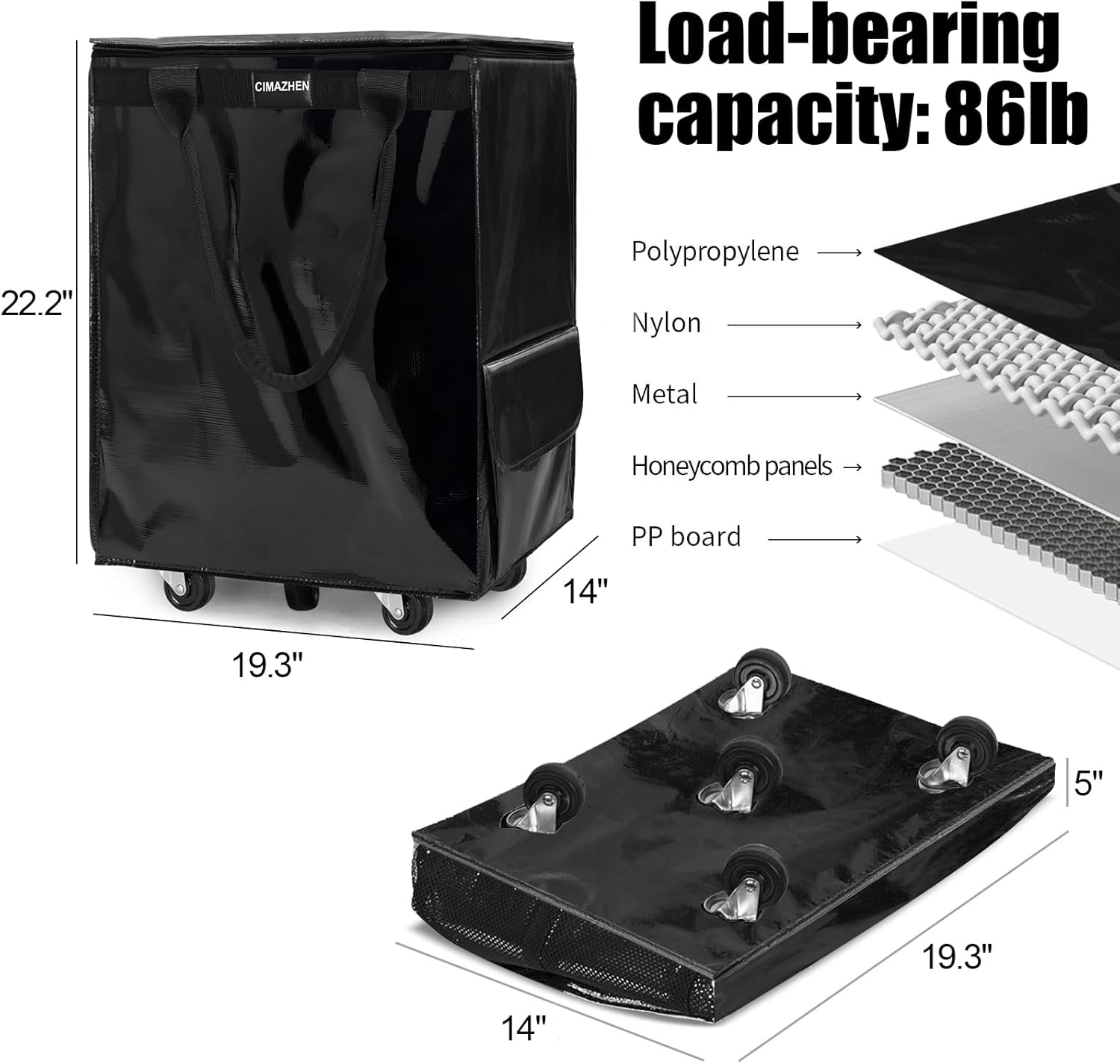 (Large,Black) Reusable Grocery Bag on 5 Wheels, Foldable Rolling Tote Bag with 3 Handles and Zipper, Storage Organizer for Groceries, Rolling Shopping Cart for Travel, 86lb