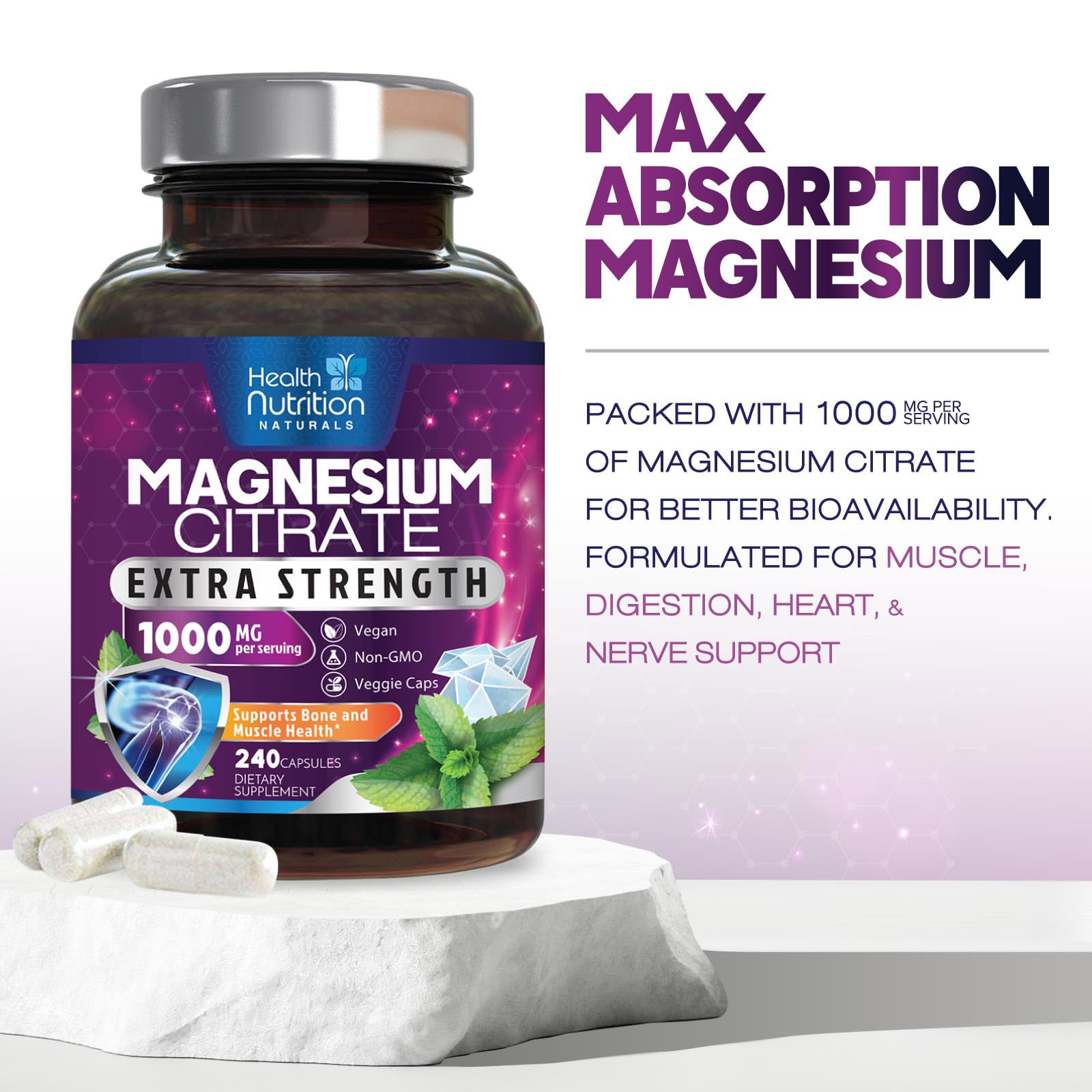 Magnesium Citrate 1000mg - Max Absorption Magnesium Powder Capsules for Muscle, Nerve, and Heart Health Support - High Absorption Citrate Complex for Men & Women, Vegan, Bottled in USA - 240 Capsules — Amazon image 6