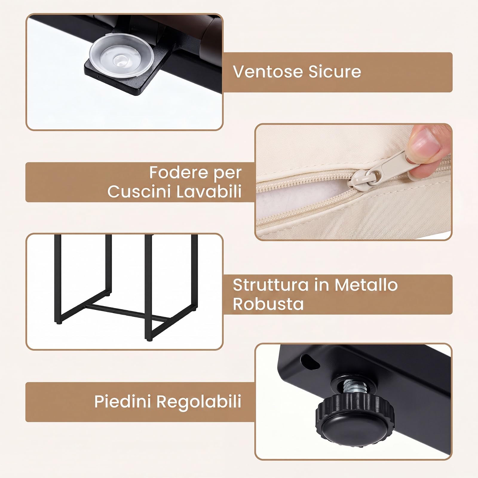 SOARS Salotto da Esterno 3 Pezzi in Rattan, Set Mobili da Giardino con 2 Poltrone a Dondolo, Tavolino da Caffè in Vetro Temperato e Comodi Cuscini con Fodera Lavabile, per Balcone, Cortile (Beige)