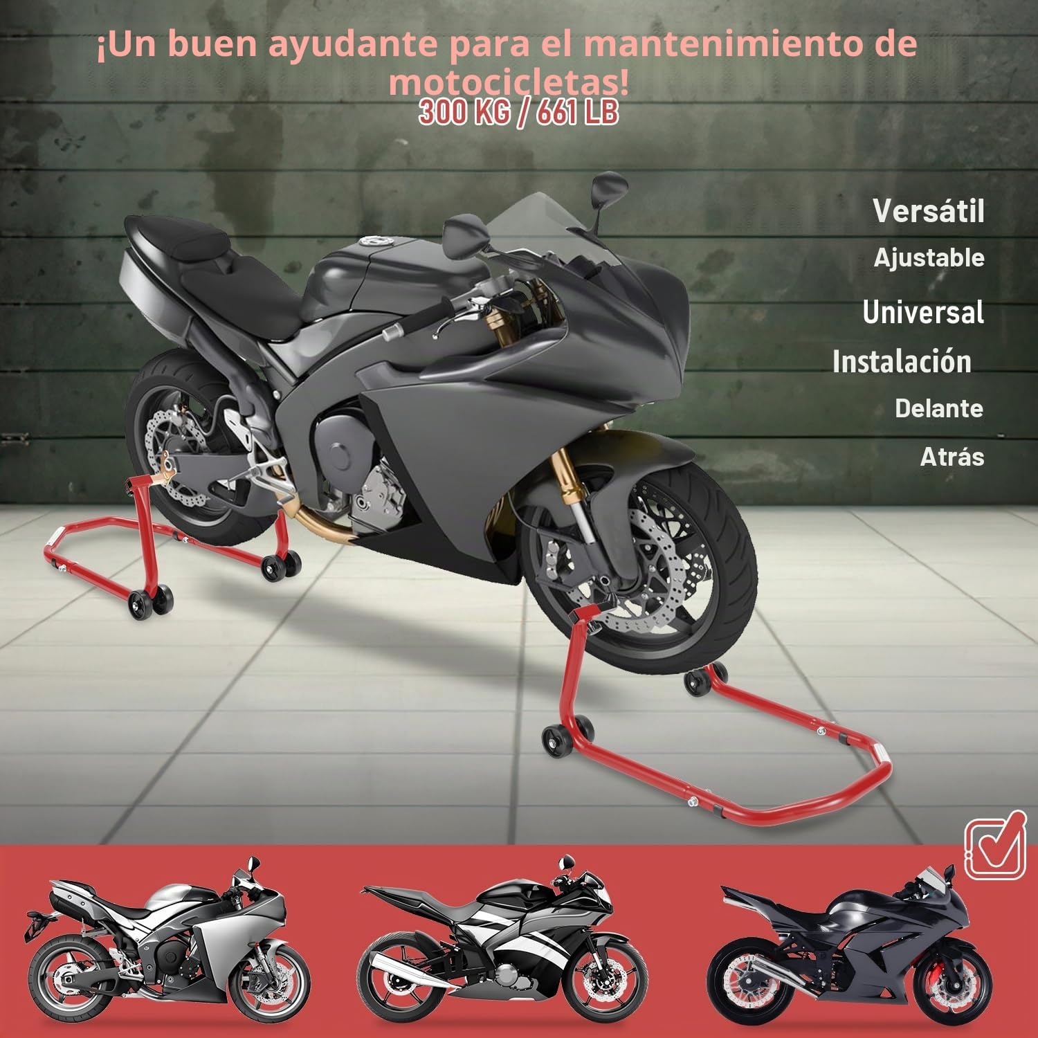 Eulenke Caballete de reparación trasera con adaptador en U, cric de moto para casi todas las motos, béquille de moto hasta 300 kg, elevador de montaje ajustable en ancho, rojo