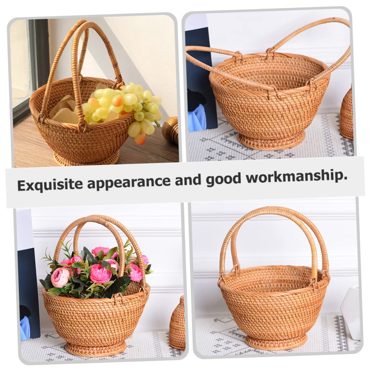 Cabilock Cesta De Rattan Tejida Para Picnic y Almacenamiento Portátil Para Frutas y Flores Para Familiar y Actividades