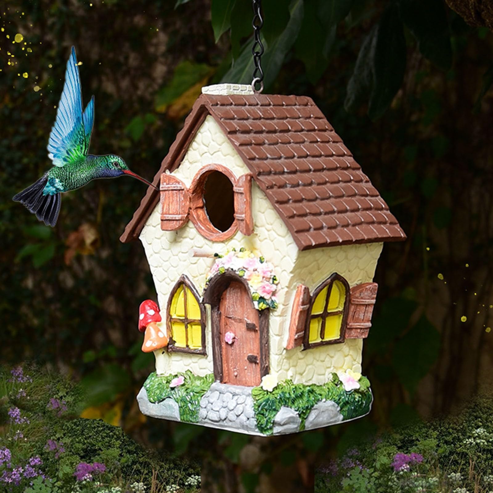 Casetta per uccelli da appendere, impermeabile, resistente, in resina, con catena, per uccelli blu, passeri, fringuelli, cardinali, cince, all'aperto, giardino, cortile, regalo