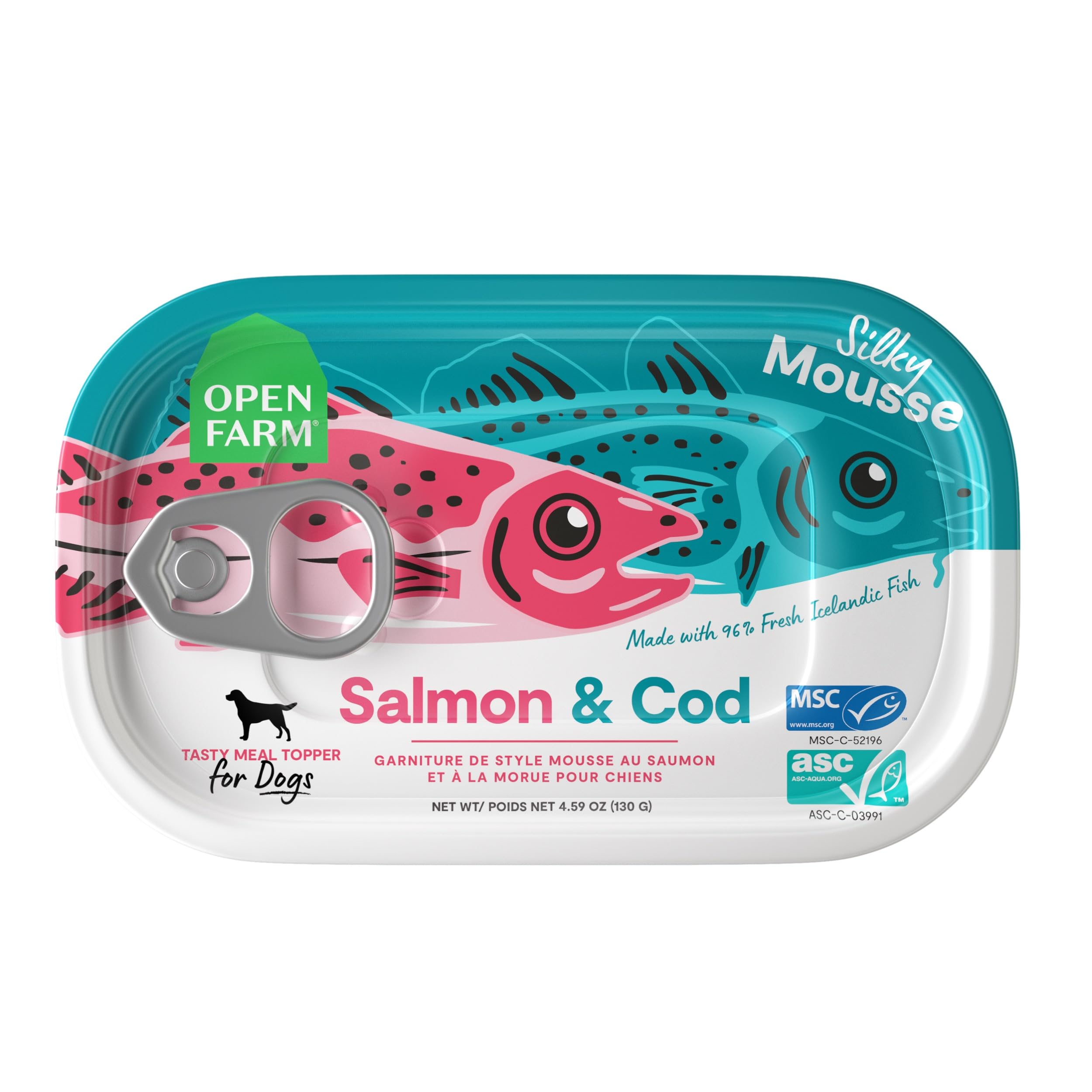 Open Farm, Canned Dog Food Topper, Silky Mousse Made with 96% Responsibly Sourced Icelandic Fish, Grain & Legume Free, Salmon & Cod Recipe, 4.59oz
