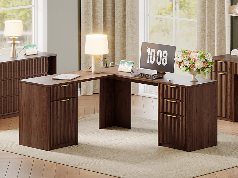 Amazon.com: Whalefall 63'' Fluted L Shaped Desk with Drawers