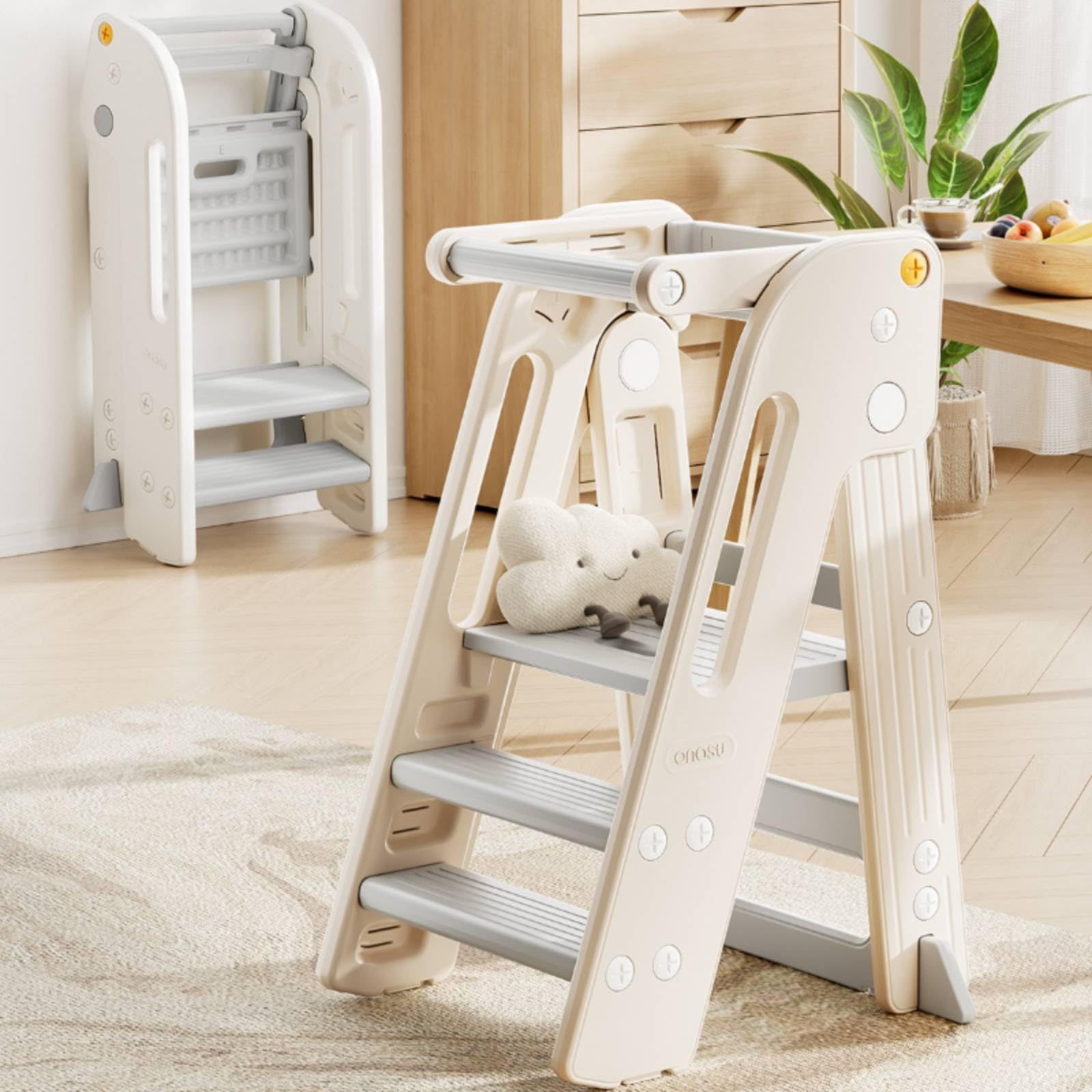 Milageto Taburete Plegable Infantil Escalón Torre de Aprendizaje Banco Elevador con de HDPE Antideslizante Adecuado para Baño Fregadero y Cocina en Casa, Gris Elegante