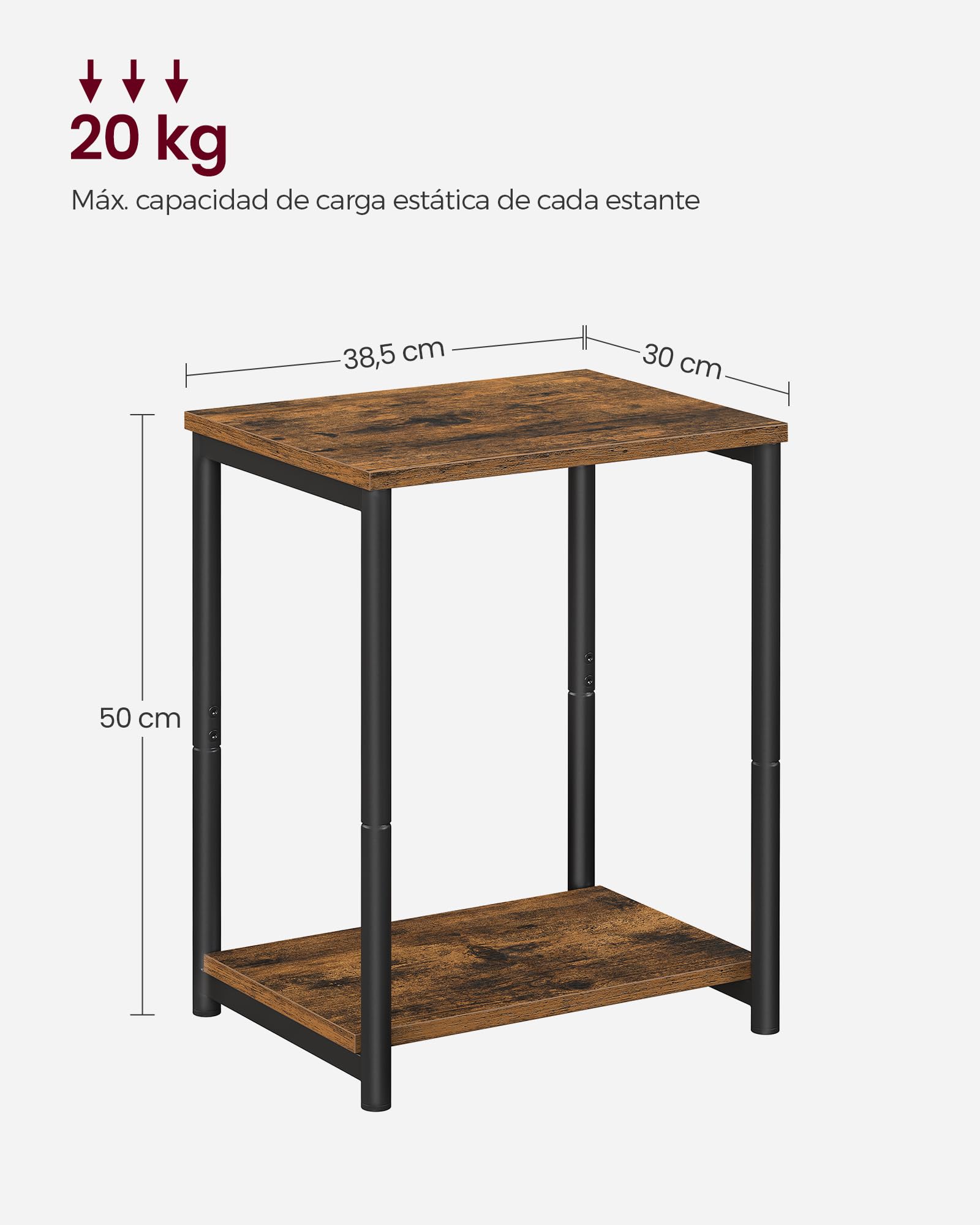 VASAGLE Juego de 2, Mesa de Sofá, Mesa Auxiliar de 2 Niveles, Mesita de Noche con Marco de Acero, para Salón, Dormitorio, Estudio, Marrón Rústico y Negro Tinta LET272B01
