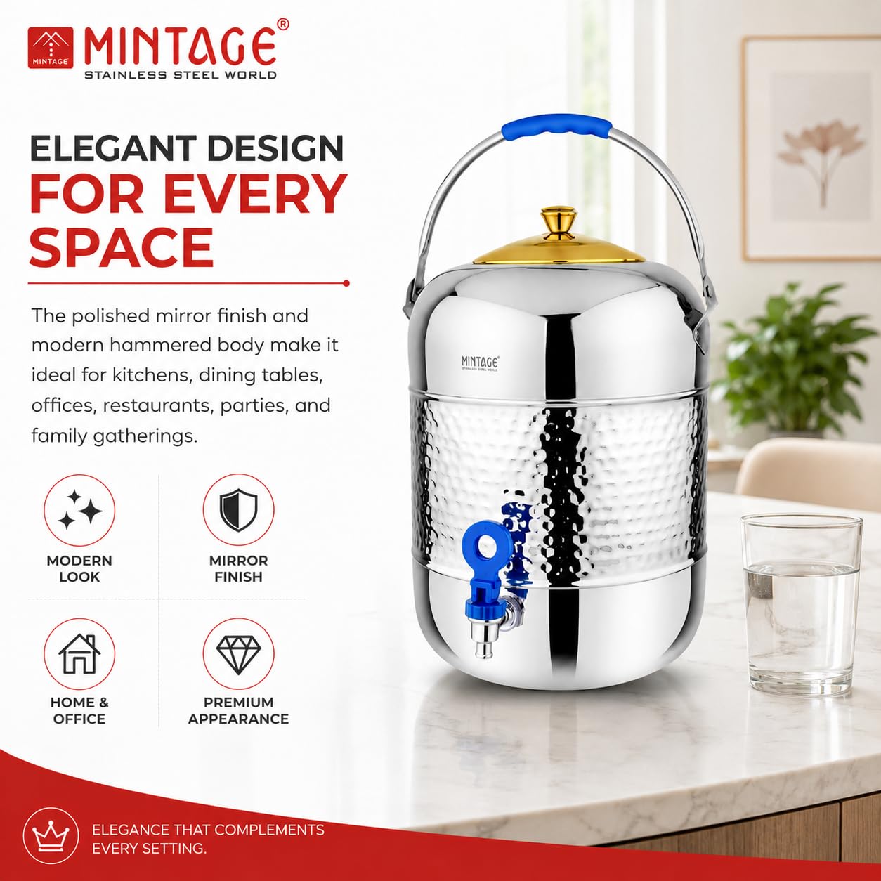 Mintage Water Container Stainless Steel Pot 13 Liters | Durable | Sleek Modern Kitchen Storage | Home Essential Design | Elegant Utility Dispenser 1