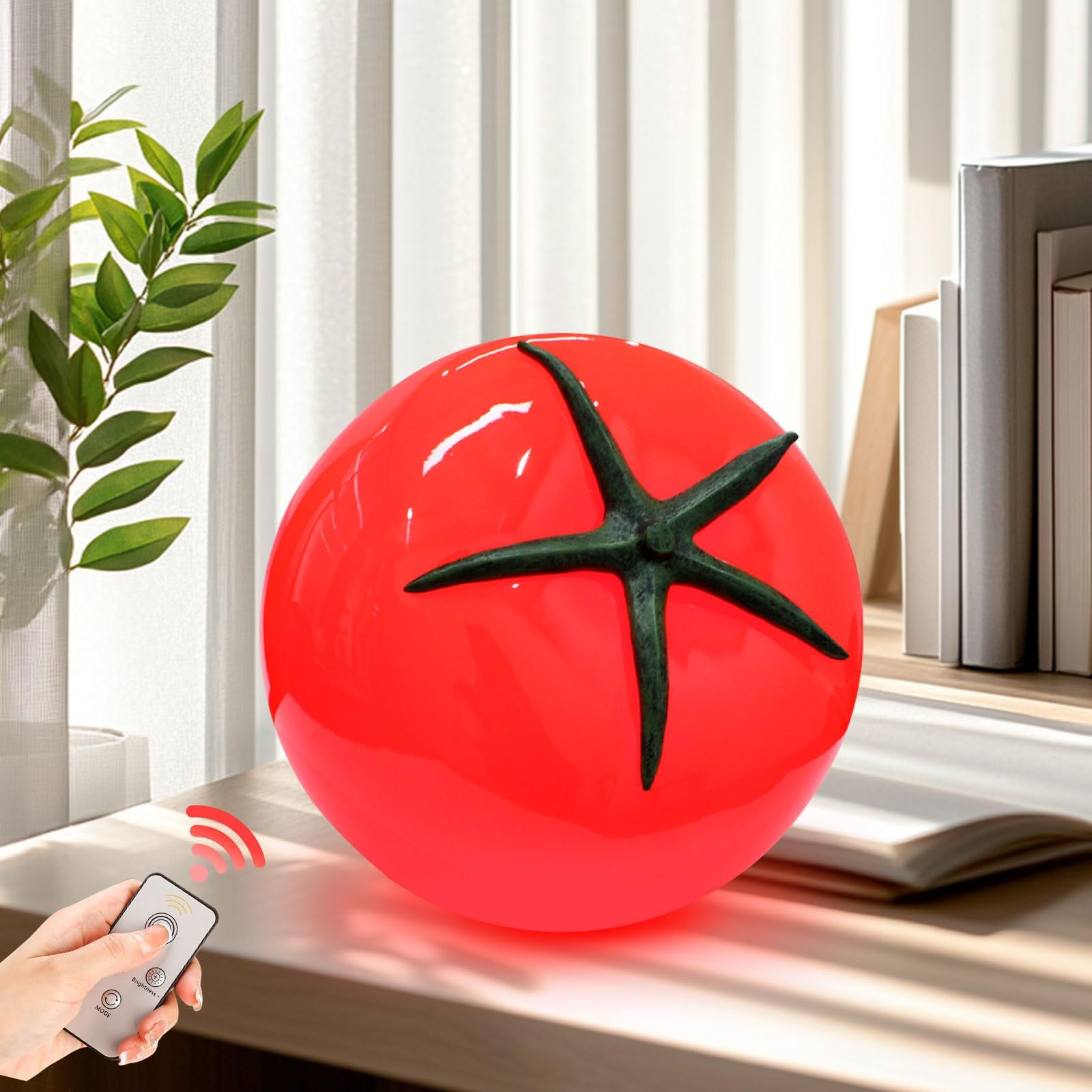 Larger Tomato Table Lamp, Funky Table Lamp with Remote Control, Dimmable Fruit Lamp for Kitchen| Living Room| Bed Room| Dining Room, 3-Color Mode, Unique Red Light Lamp to Illuminate Your Space