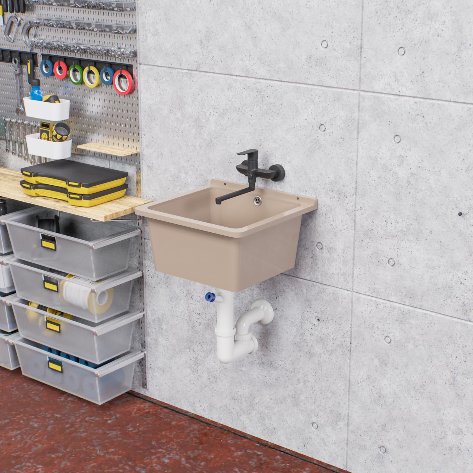 QLS Lavandino Esterno Giardino Garage Cantina Lavanderia Officina (Beige) 40 x 38 cm in Plastica, Installabile a Parete, Ideale per Interni ed Esterni