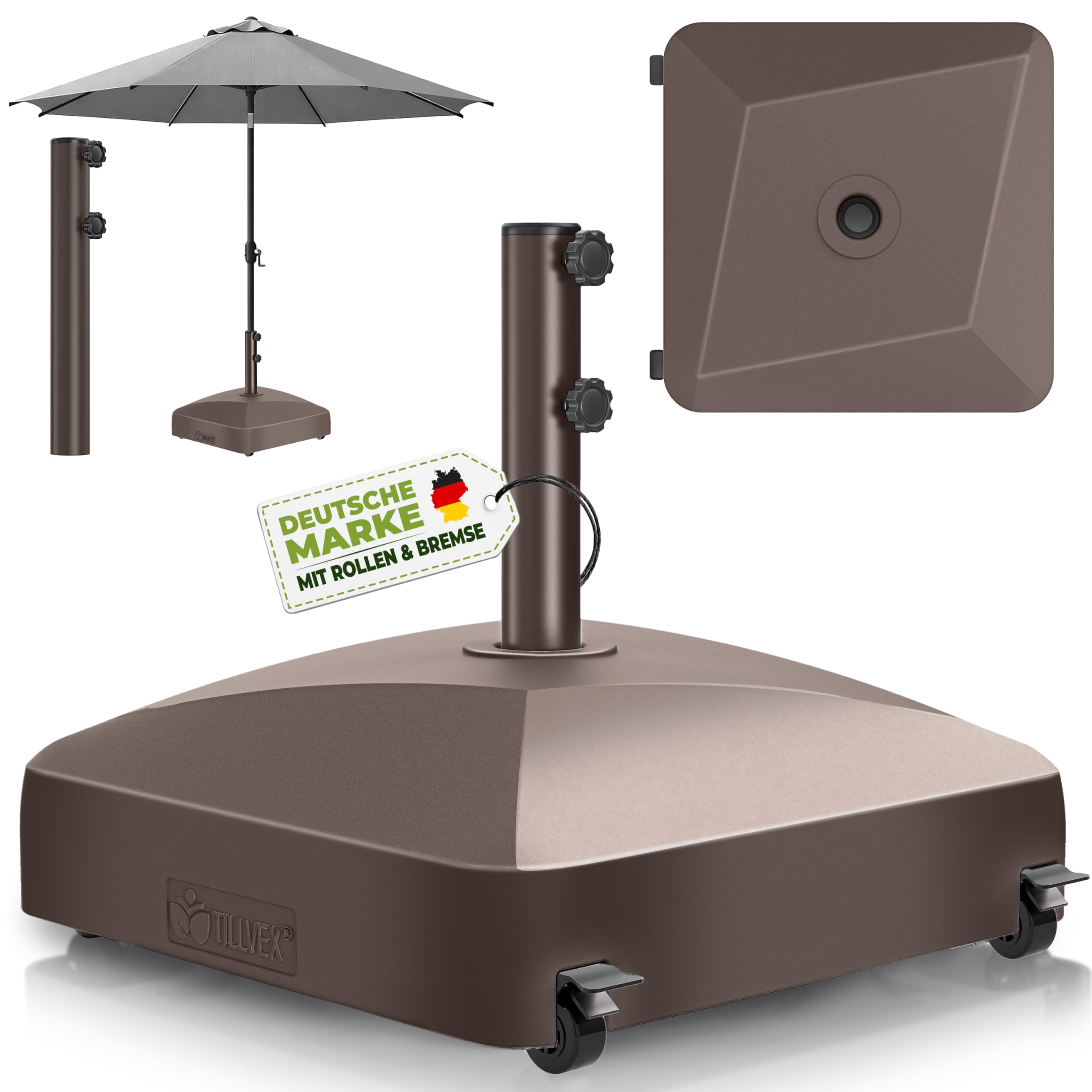 tillvex® Sonnenschirmständer GRAVIA mit Rollen & Bremsen | Schirmständer befüllbar 37 Liter / 56 kg | Schirmgewicht Sonnenschirm & Marktschirm Ø 1,8-3,7m | Wetterfest & UV-beständig
