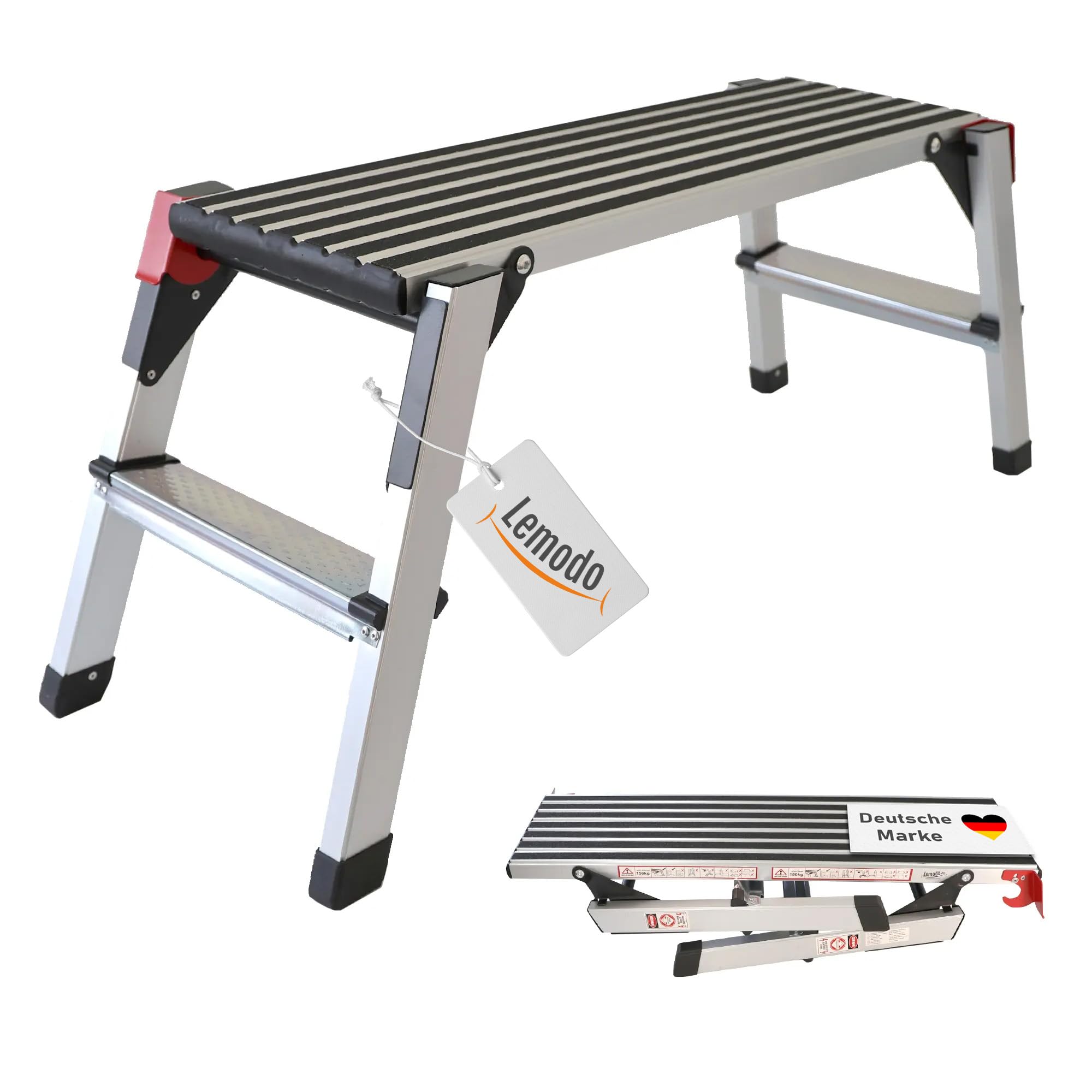 Lemodo Plateforme de travail - Plateforme de travail avec revêtement antidérapant - Charge maximale : 150 kg - Échelle en aluminium avec 2 marches - Échelle pliable - Argenté - NA181