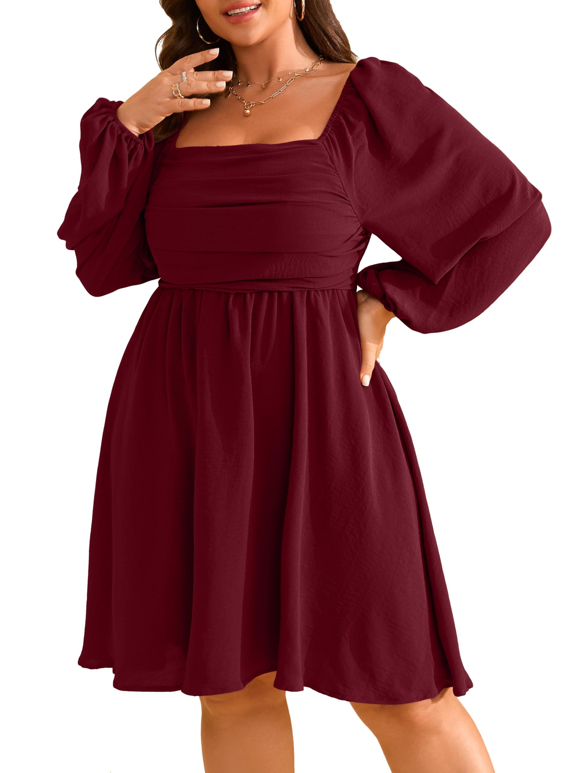 RWJ Womens Long Sleeve Mini Dress 2025 Fall Elegant Square Neck A Line Ruched Smocked Wedding Guest Party