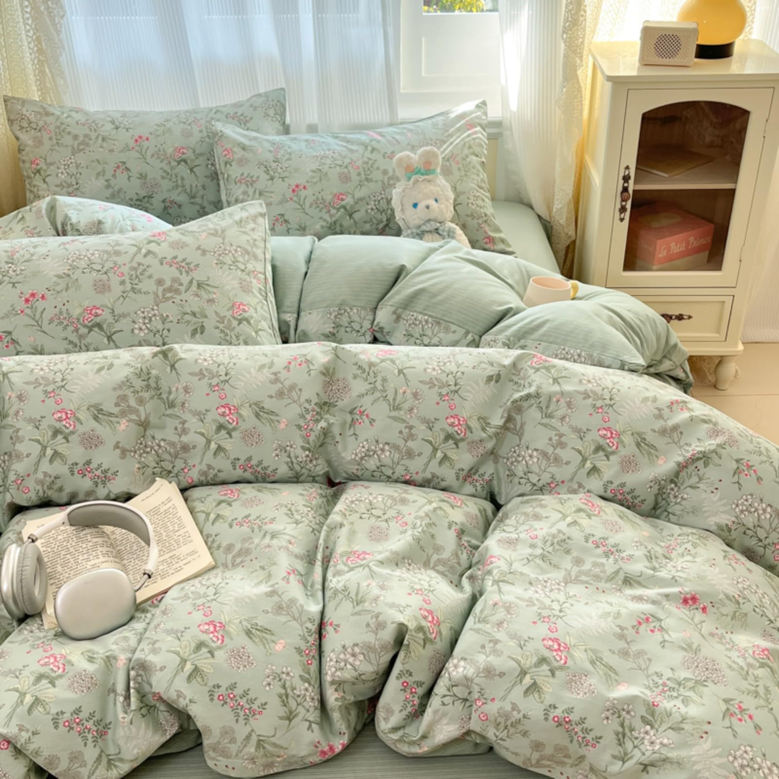 Freyamy Blumen Bettwäsche 135x200cm 2teilig Grün Weiß Blätter Pflanzen Wendebettwäsche Floral Mädchen Bettwaren-Sets 100% Microfaser Bettbezug mit Reißverschluss und Kissenbezug 80x80cm