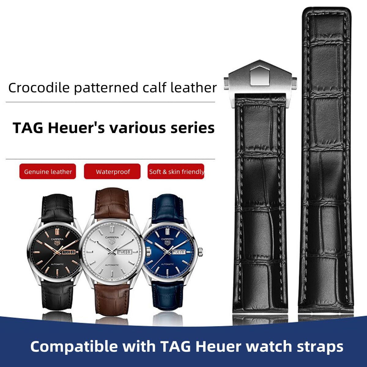 Pasek do zegarka z prawdziwej skóry w stylu krokodyla z niebieskimi szwami do zegarka Tag Heuer Monaco & Targa Florio modele 19 mm 20 mm 22 mm