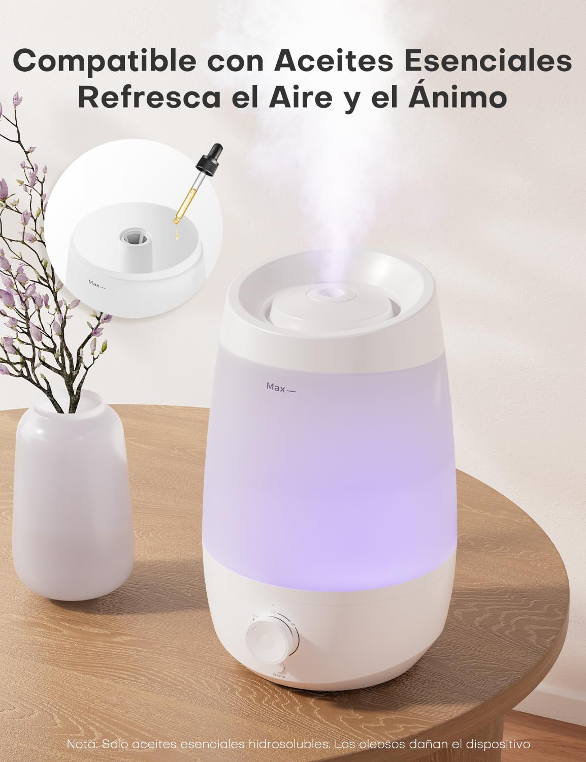 AROEVE Humidificador, 2,5L Humidificador Aceites Esenciales, 250 ml/h, 25H Difusor de Aceites Esenciales, Apagado Automático, 25 dB Silencioso para Bebés y Plantas, Blanco