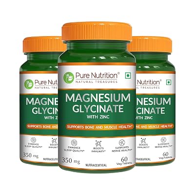 Pure Nutrition Magnesium Glycinate + Zinc, 180 Veg Tablets (60x3) | For Bone, Muscle & Nerve Health l Better Relaxation 
