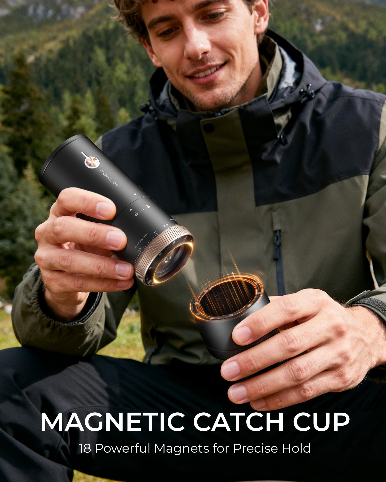 FORLIM Molinillo de café eléctrico portátil, recargable sin cable, rebabas cónicas de acero inoxidable con 80 ajustes precisos, dosis única, espresso, cafetera Moka, vertido
