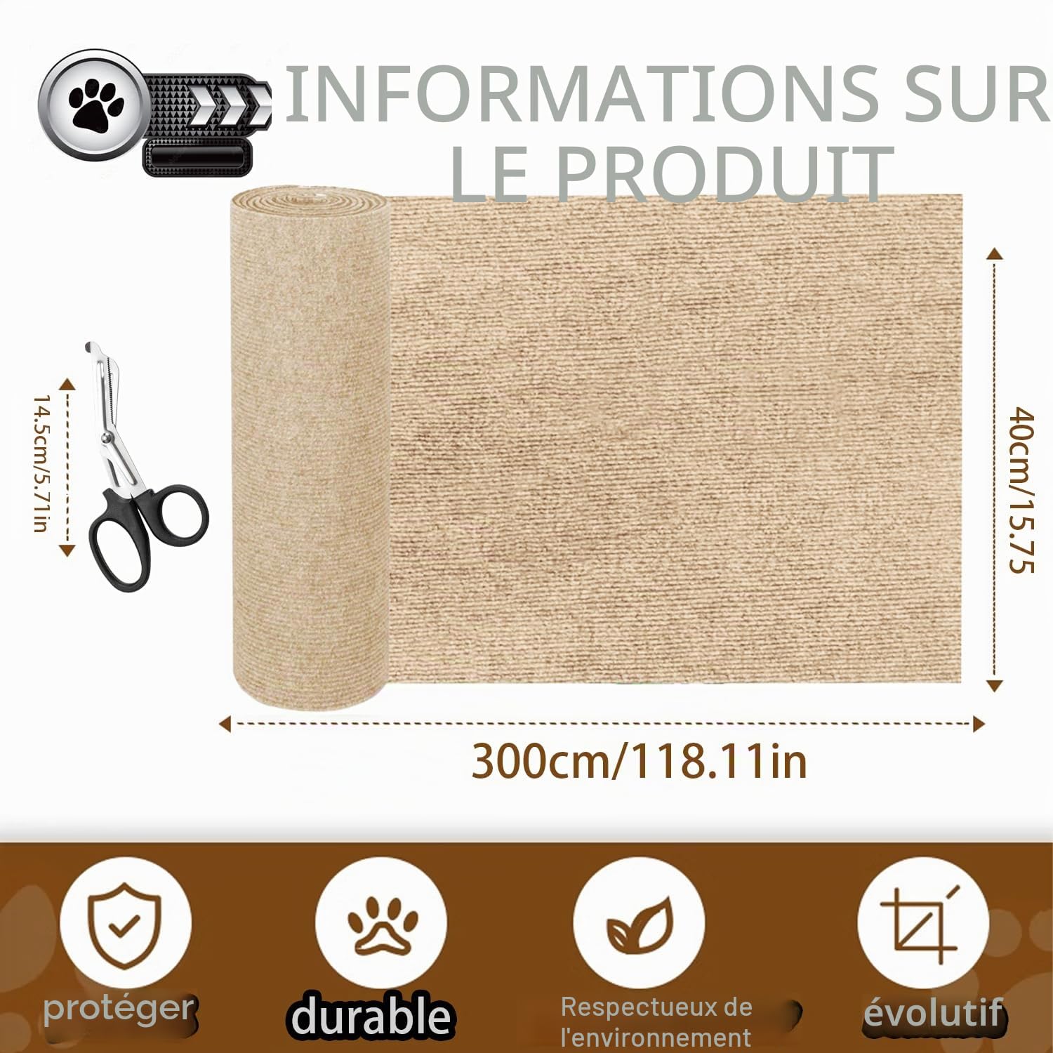 300x40cm Tapis Griffoir pour Chat Tapis Auto-Adhésif Griffoir Chat Canapé Anti Griffe DIY Protection Canape pour Protège Les Meubles (Couleur Kaki)