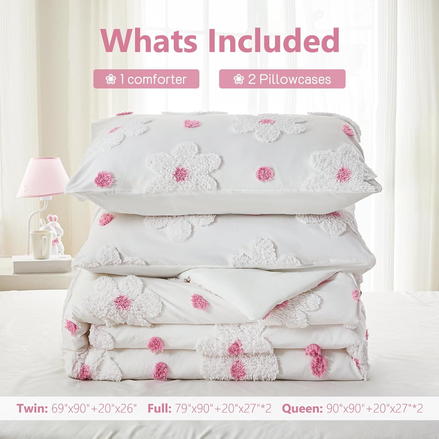 Full Size Comforter Set for Girls 3 Pieces Tufted Daisies Flowers Pink Floral Bedding Set Bed in A Bag Cute Comforter Set for Kids, Lightweight Full Bed Set for Kids Teen Girls Women | Full Size Comforter, Full Size Bed Set, Pink Comforter Set, Bed Set for Girls, Teen Girls Comforter, Flowers Comforter