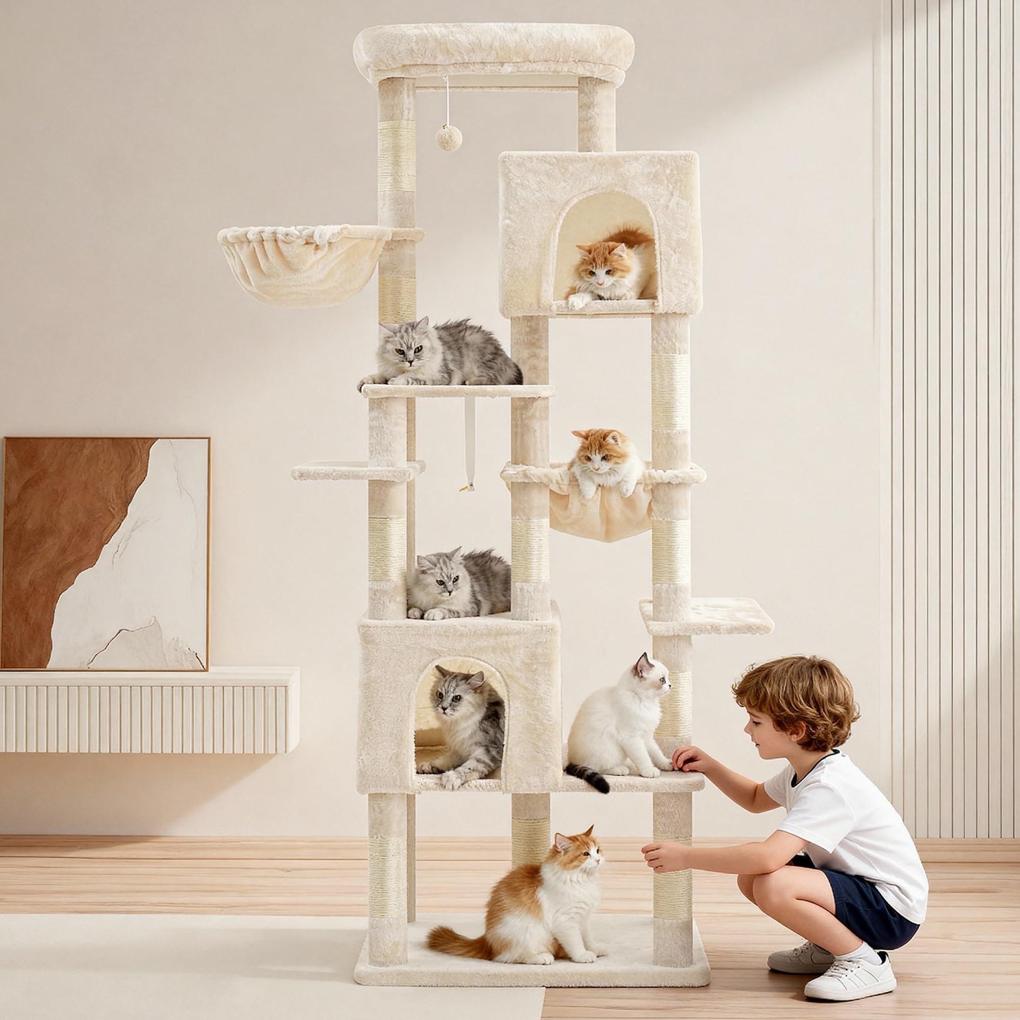Heybly Arbre à Chat XXL 193cm, Base Extra Large, Tour Lourde avec 10 Poteaux en Sisal et 2 Hamacs pour Chats, 2 Niches Design, Mobilier et Couchage pour Chats Géants, Beige HCT039M