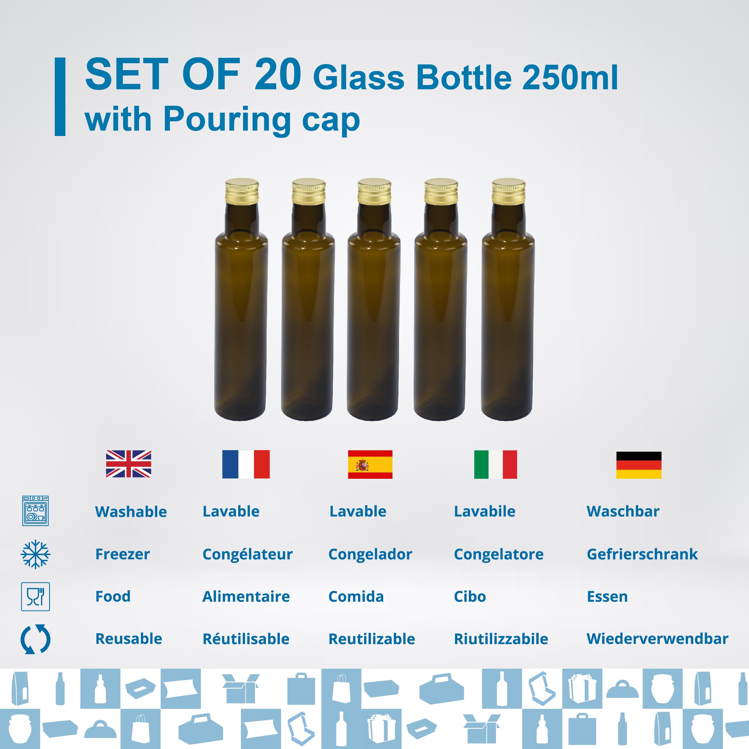 20 Flaschen aus dunklem Glas 250 ml mit goldenem Ausgießer-Schraubverschluss – Ölflaschen für Olivenöl, Essig, Alkohol und Saucen | Espirito Rebelde