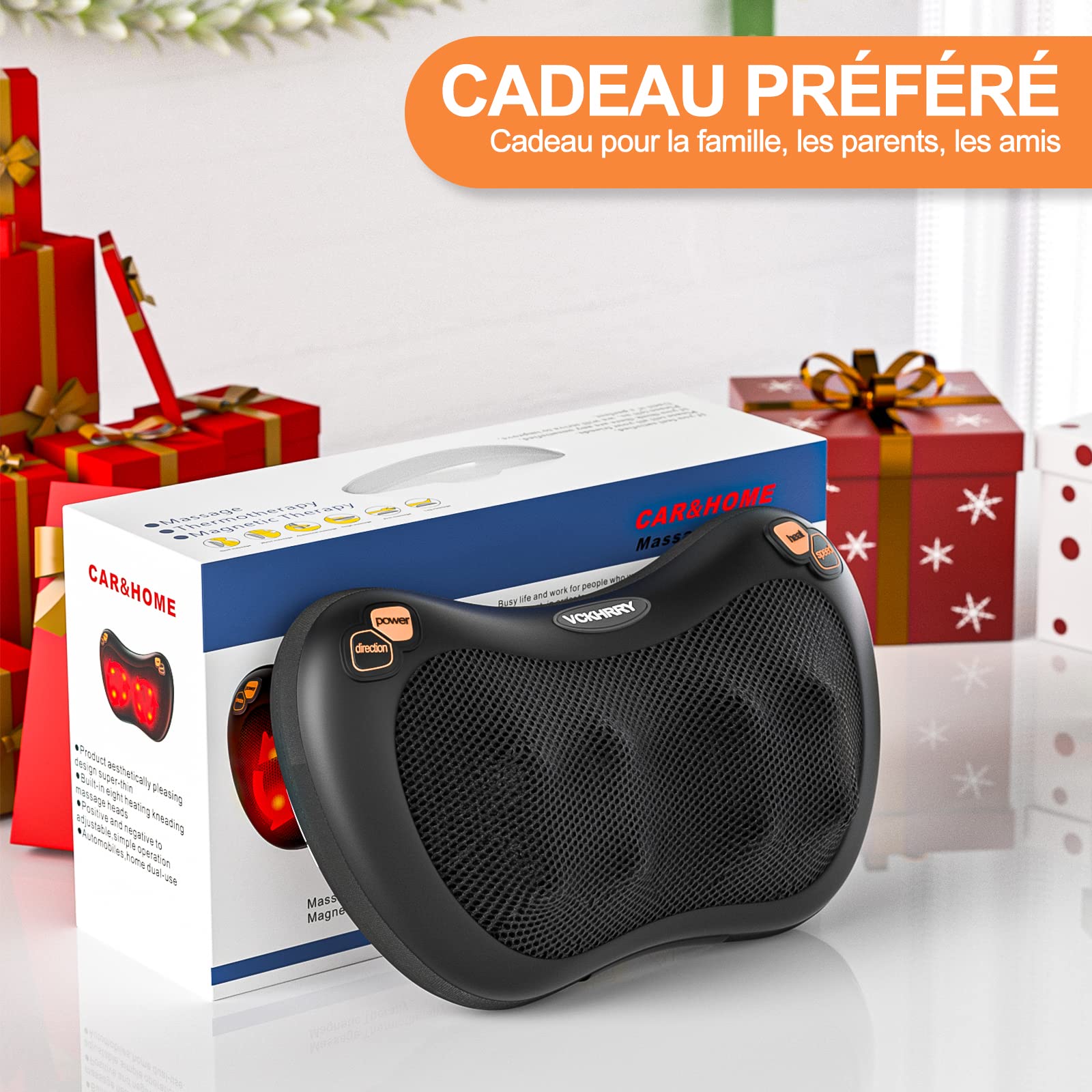 Coussin de Massage Shiatsu Masseur Dos avec Fonction Chauffant Masseur Cervical Cou Dos Épaules Pieds avec 8 Nœuds et 3 Vitesses Réglable Rotation dans 2 Sens Détente à la Maison au Bureau