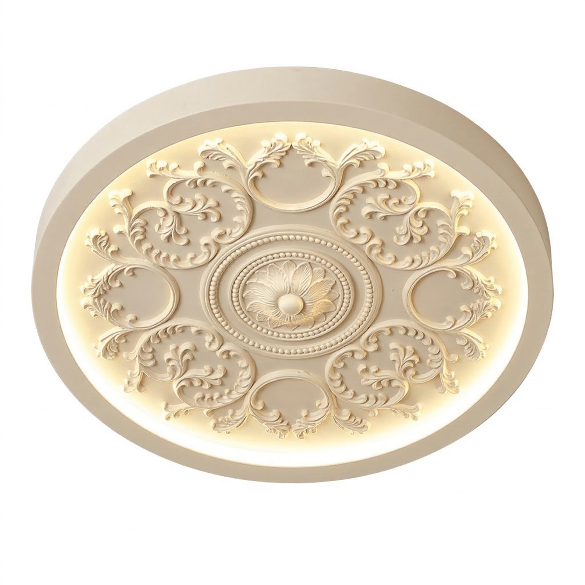 NHPJFDC Carved Resin Flush Mount Ceiling Light, French Relief Ceiling Lamp, Cream Floral Round Fixture for Bedroom, Living Room, Study Room, Hallway, Apartment Foyer, Condo Residential(Beige,Medium)