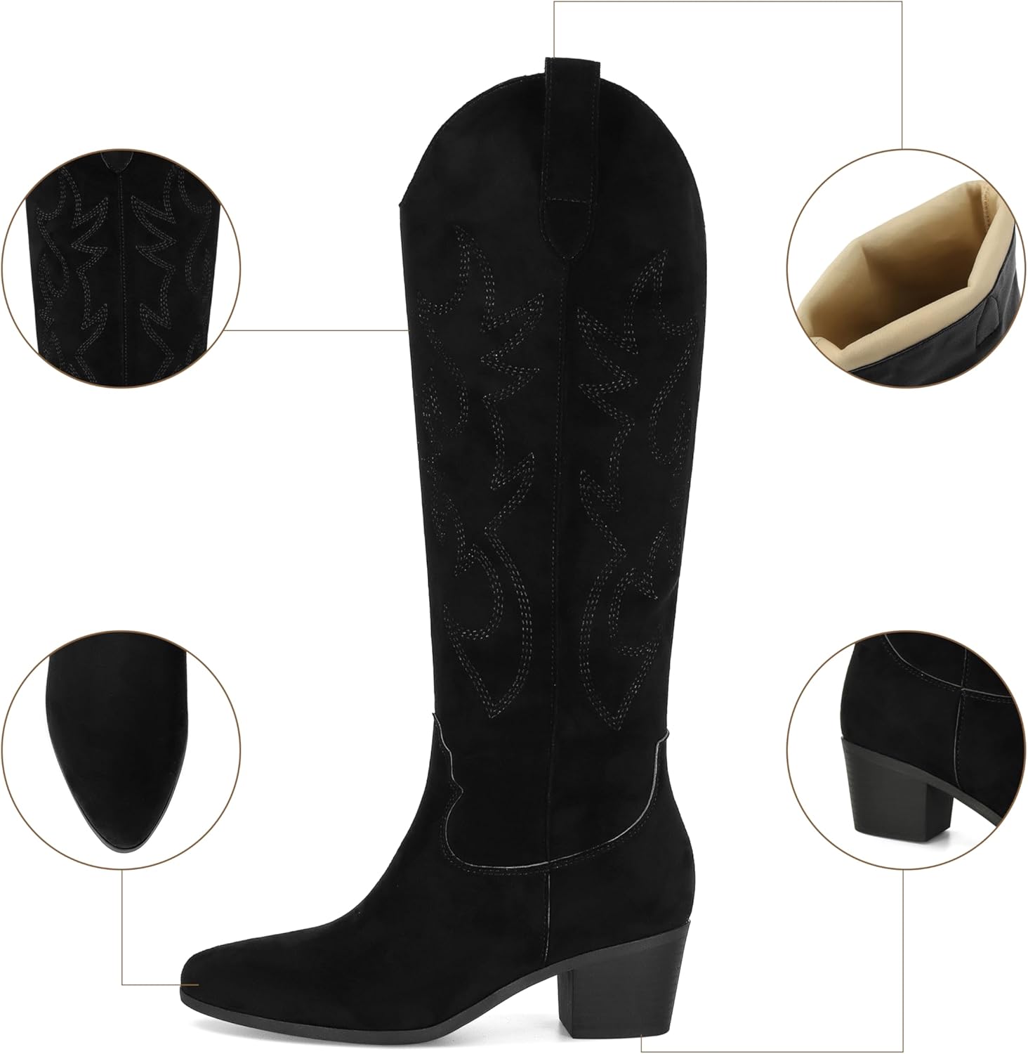STALOV Cowboy Boots for Women Pull On Chunky Heel Boots Knee High Cowgirl Boots Western Pointed Toe Boots Embroidered Suede Boots - Image 5