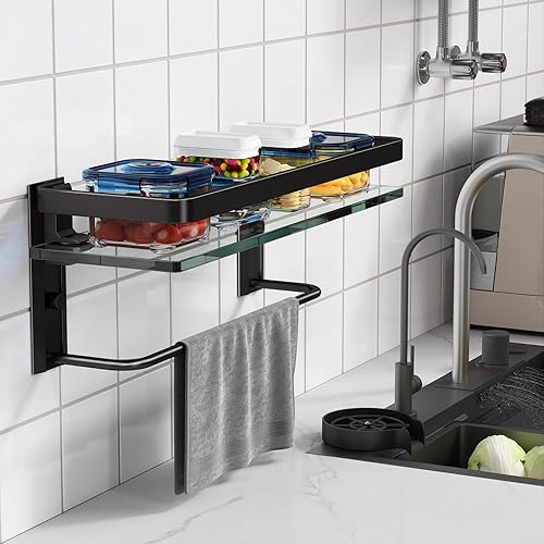 Miniatura 8 de Danpoo Estante de pared de baño con toallero, vidrio templado transparente, soporte para toallas de mano (negro mate)