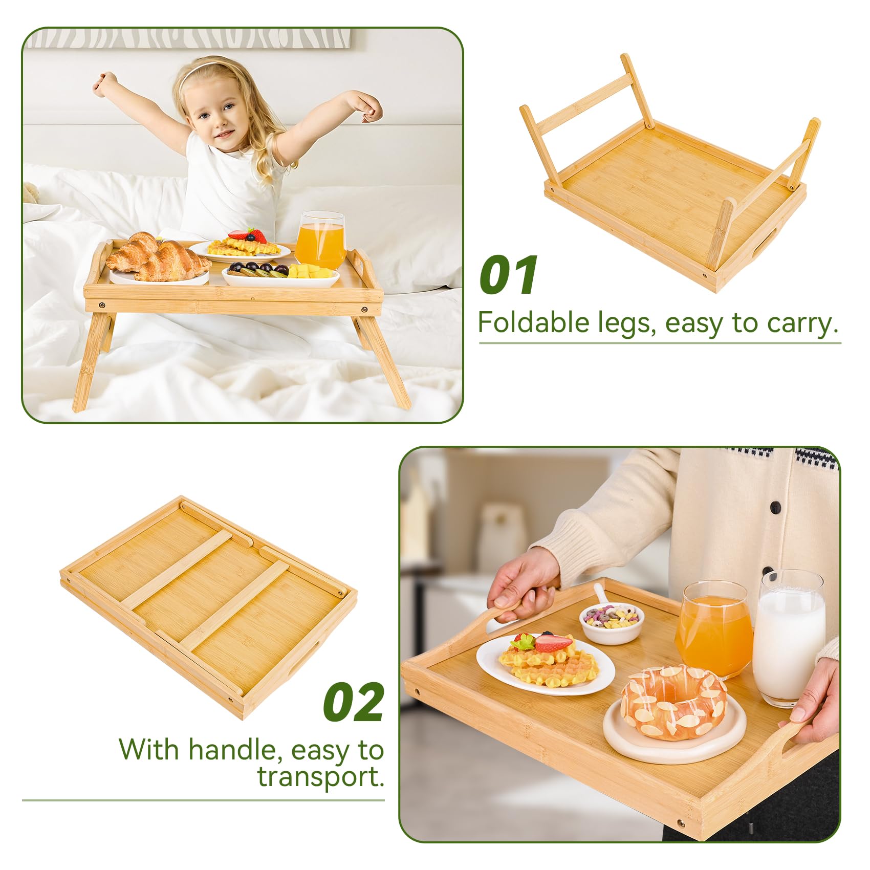 VASMIA Vassoio letto con gambe pieghevoli, per la prima colazione in bambù per mangiare, servire o usare come vassoio, scrivania portatile per laptop, vassoio per snack, Naturale - 5