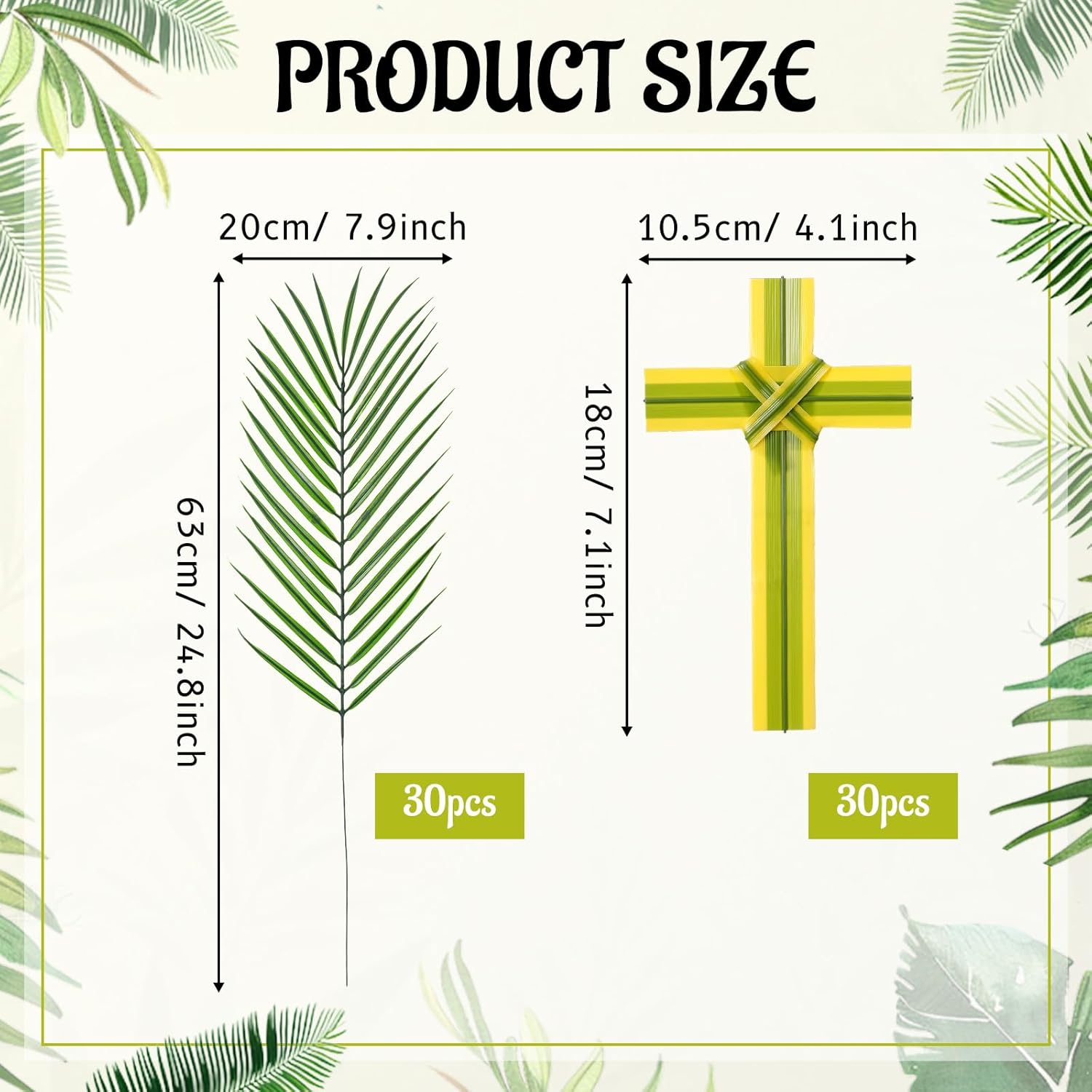 Qunclay 60 Pcs 24.8 Inches Artificial Palm Leaves and 7.09 Inches Palm Cross for Palms Sunday Large Faux Plants Holy Week Decor Fronds Fake Tropical Tree Leaves for Easter Church Events Decor