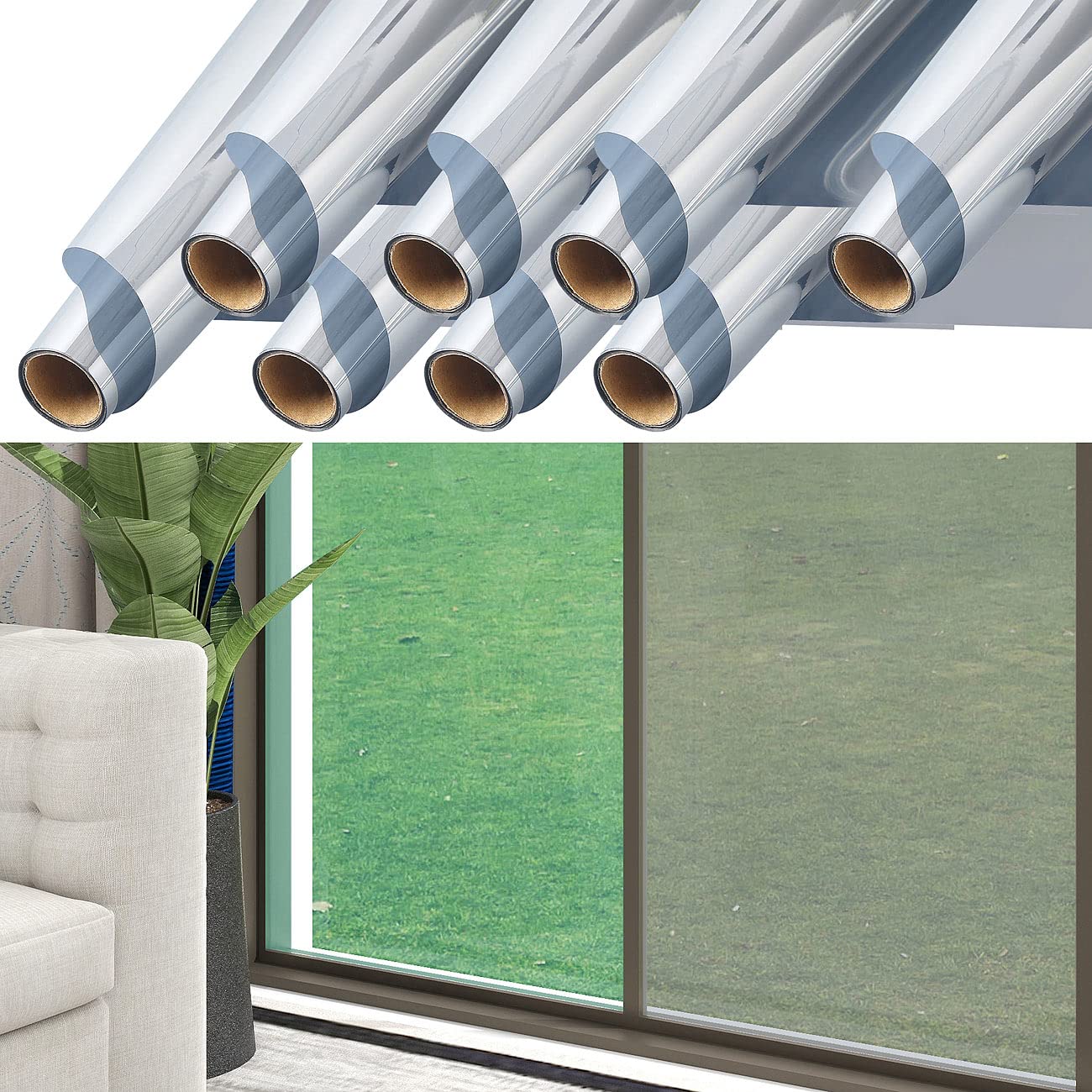 infactory Sonnenschutzfolie: 8er-Set Isolier-Spiegelfolie, selbstklebend, Sicht-/UV-Schutz,60x200cm (Sonnenschutzfolie Fenster, Spiegelfolie Fenster Sichtschutz, innen)